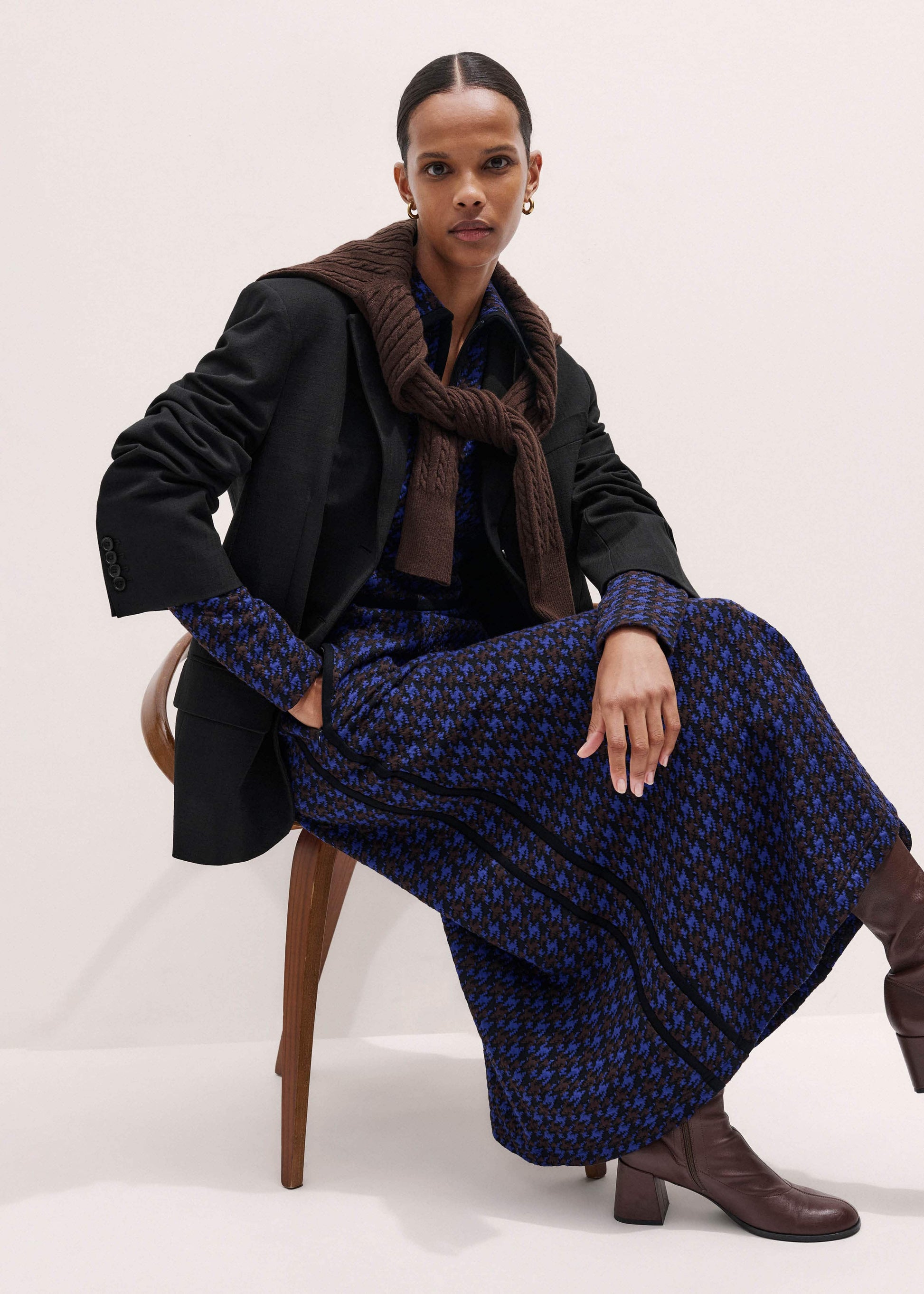 ME and EM Clothing Navy Houndstooth Jacquard Ponte Zip Neck Maxi Dress