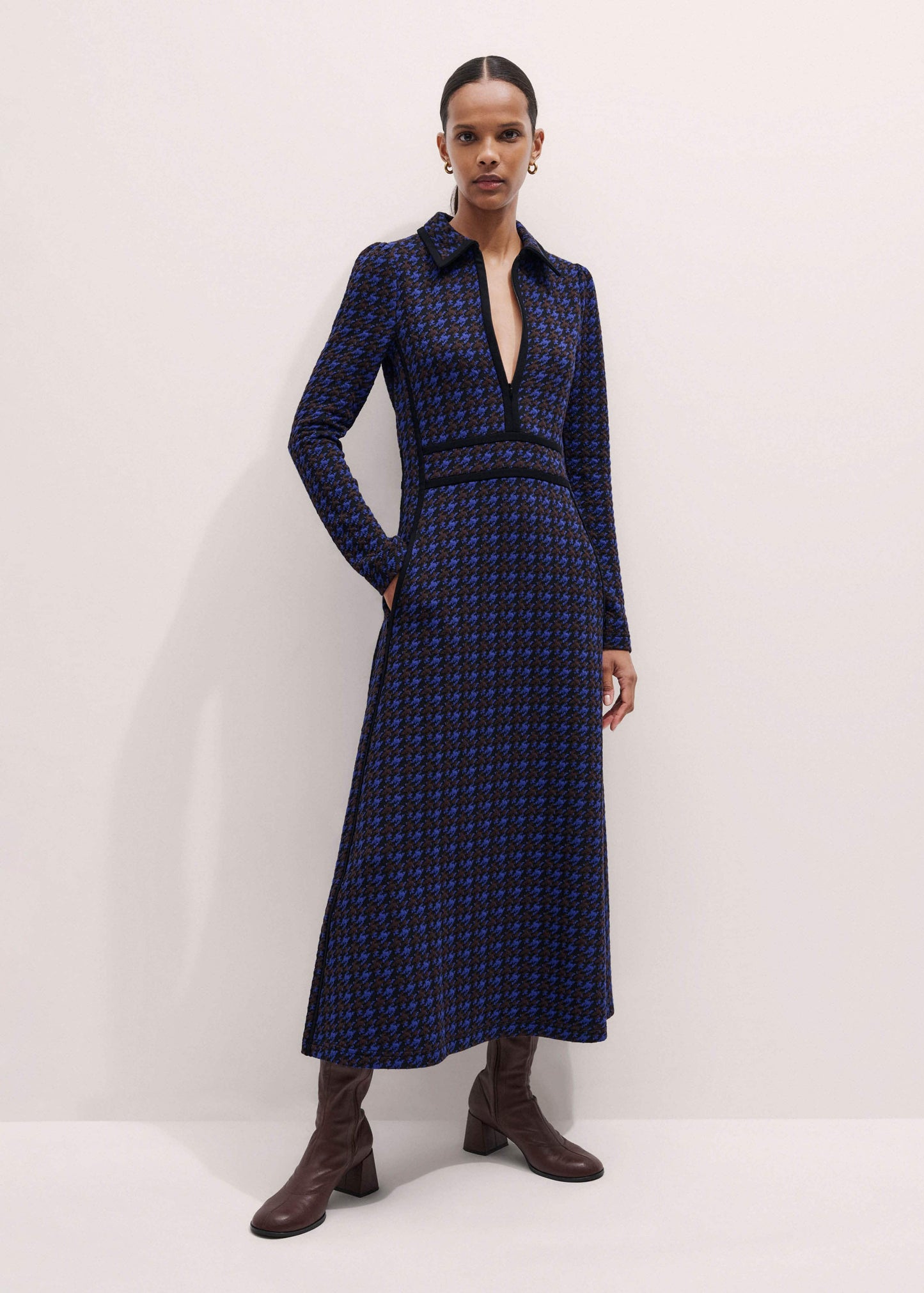 ME and EM Clothing Navy Houndstooth Jacquard Ponte Zip Neck Maxi Dress