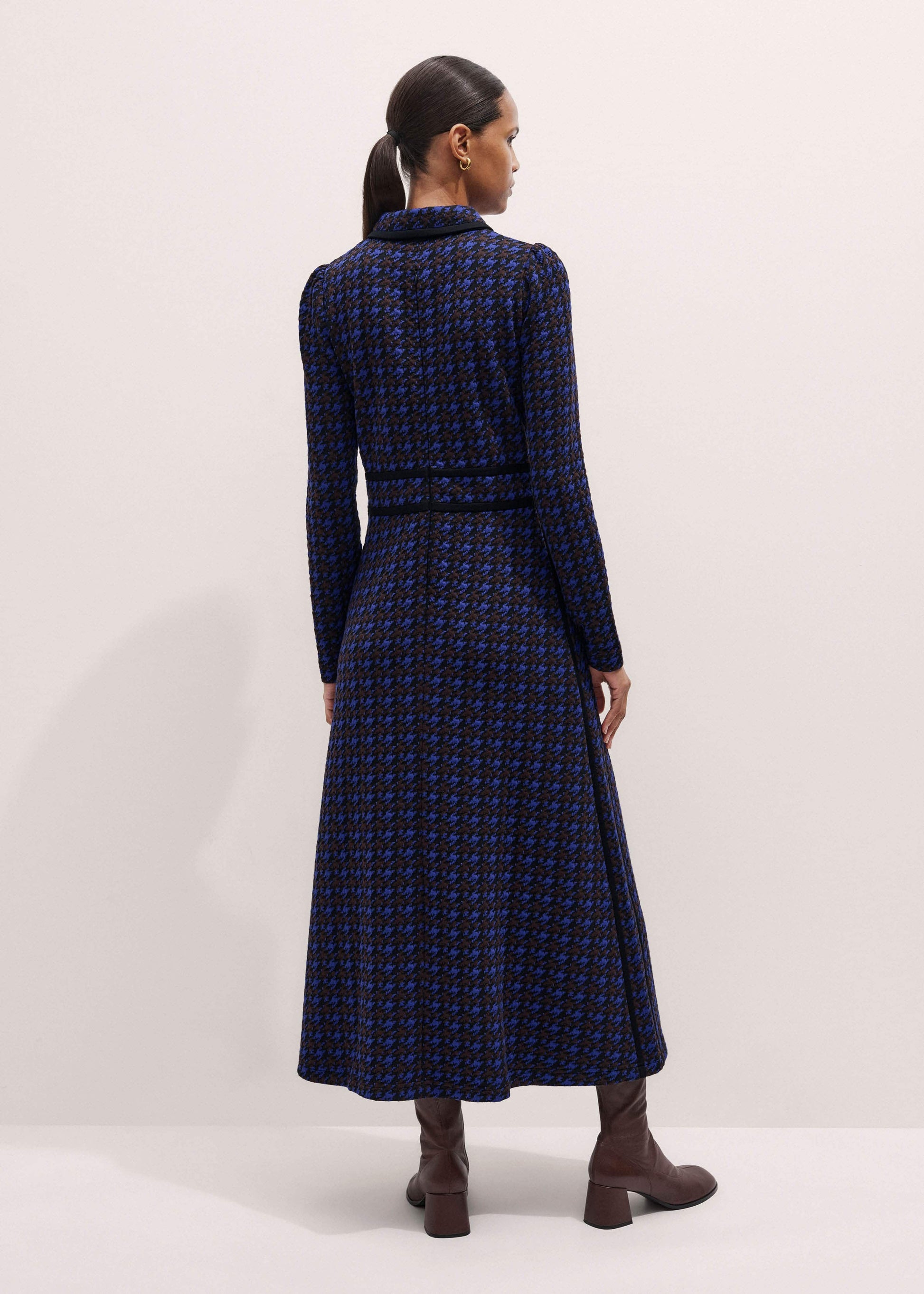 ME and EM Clothing Navy Houndstooth Jacquard Ponte Zip Neck Maxi Dress