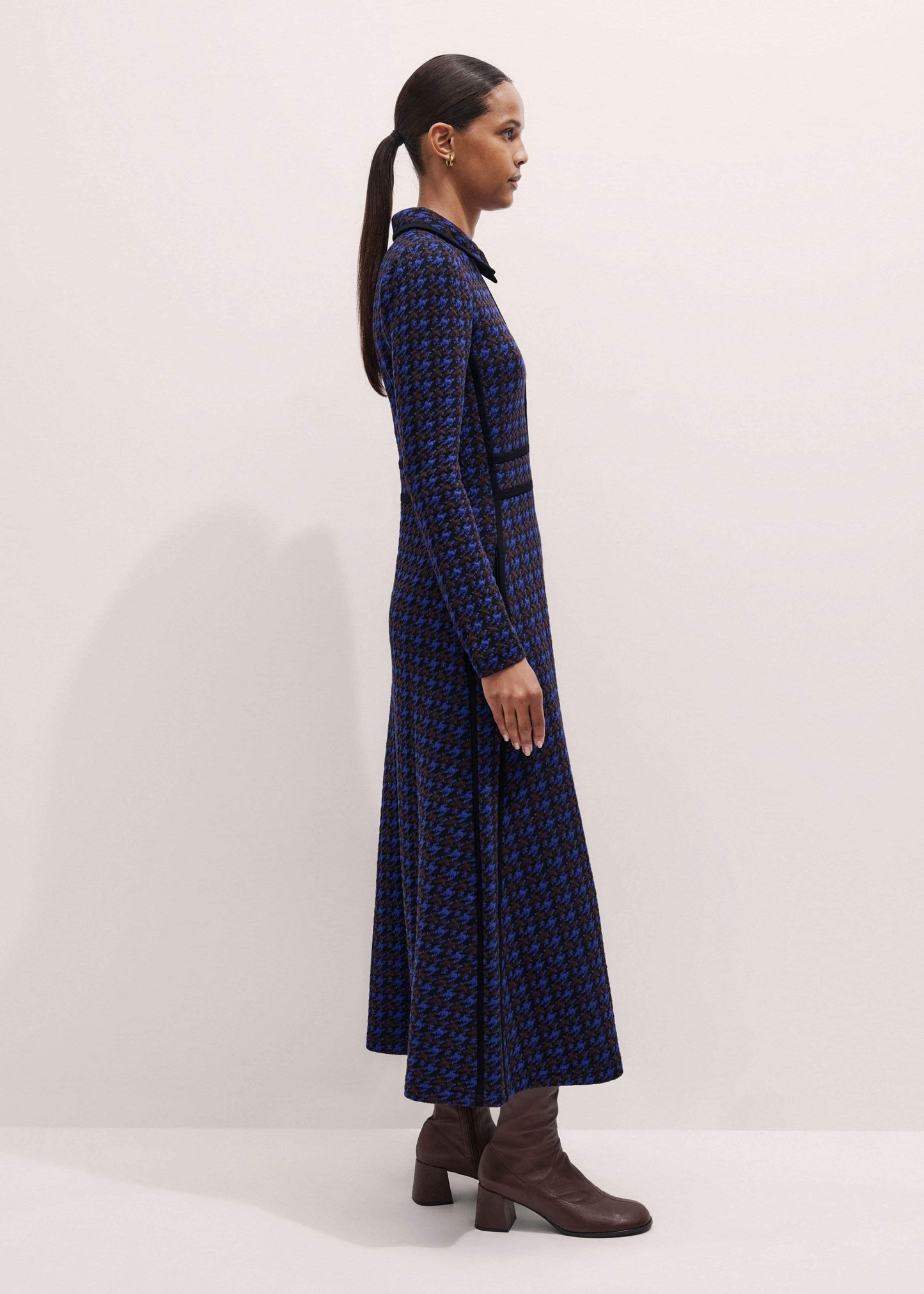 ME and EM Clothing Navy Houndstooth Jacquard Ponte Zip Neck Maxi Dress