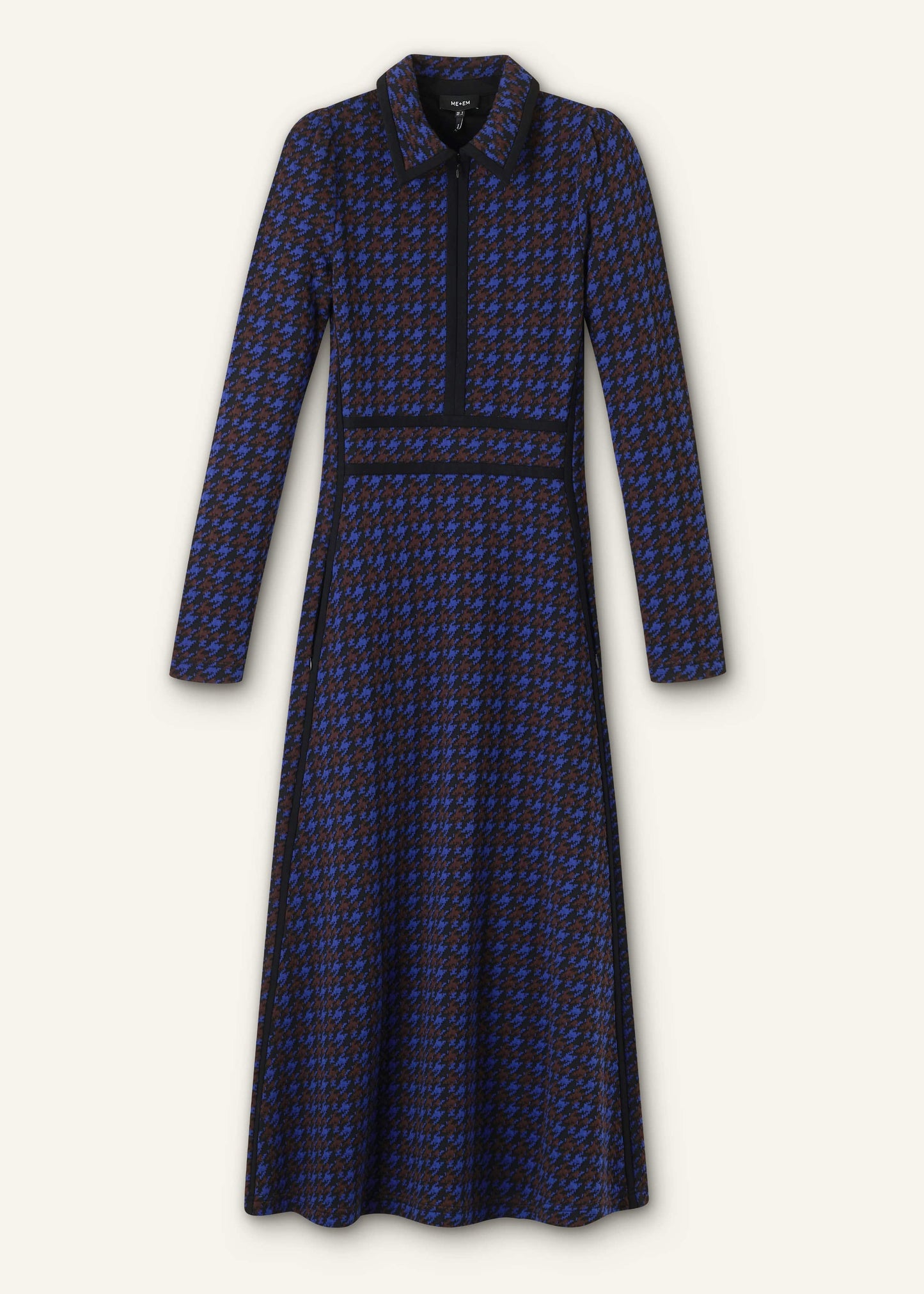 ME and EM Clothing Navy Houndstooth Jacquard Ponte Zip Neck Maxi Dress