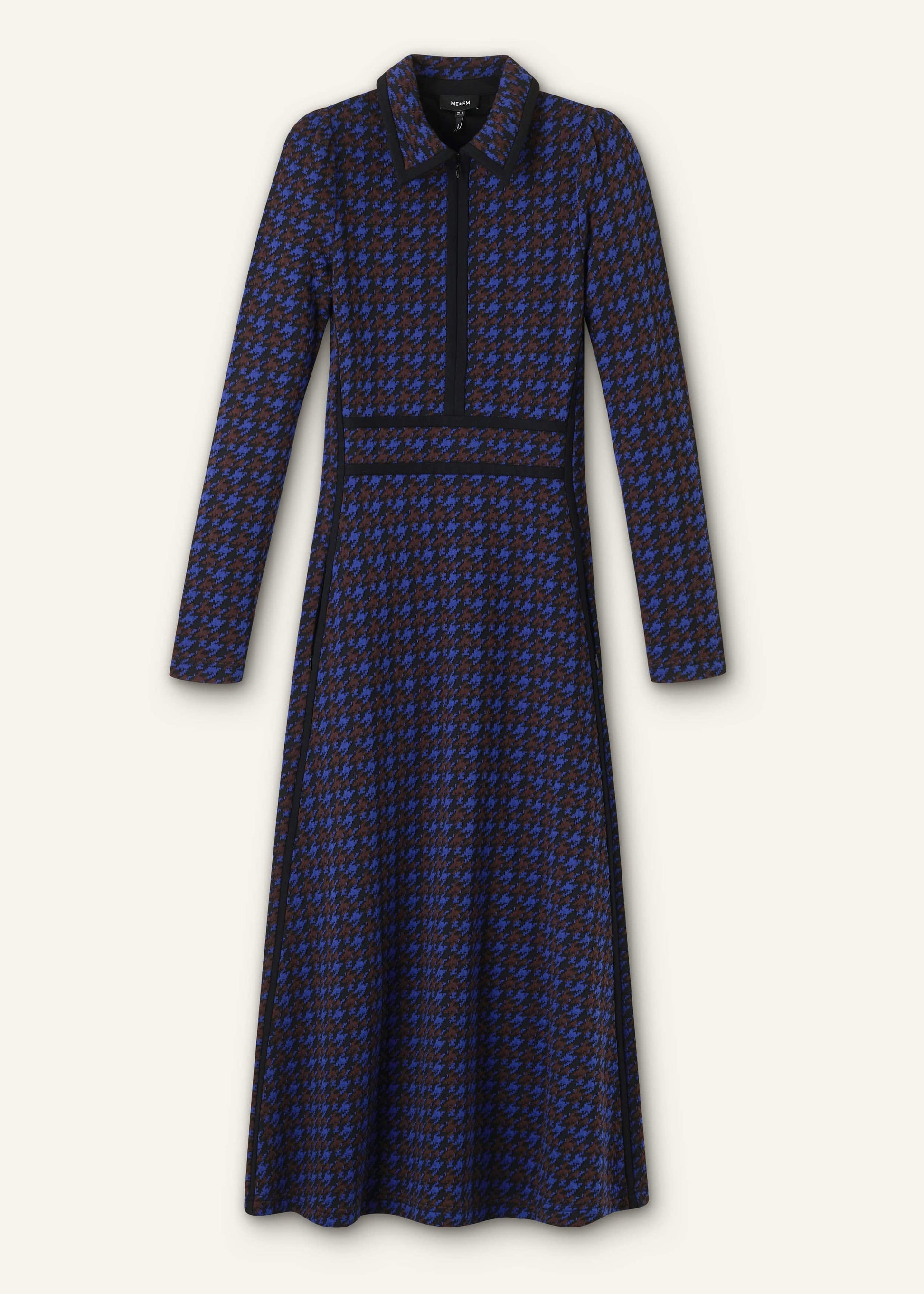 ME and EM Clothing Navy Houndstooth Jacquard Ponte Zip Neck Maxi Dress