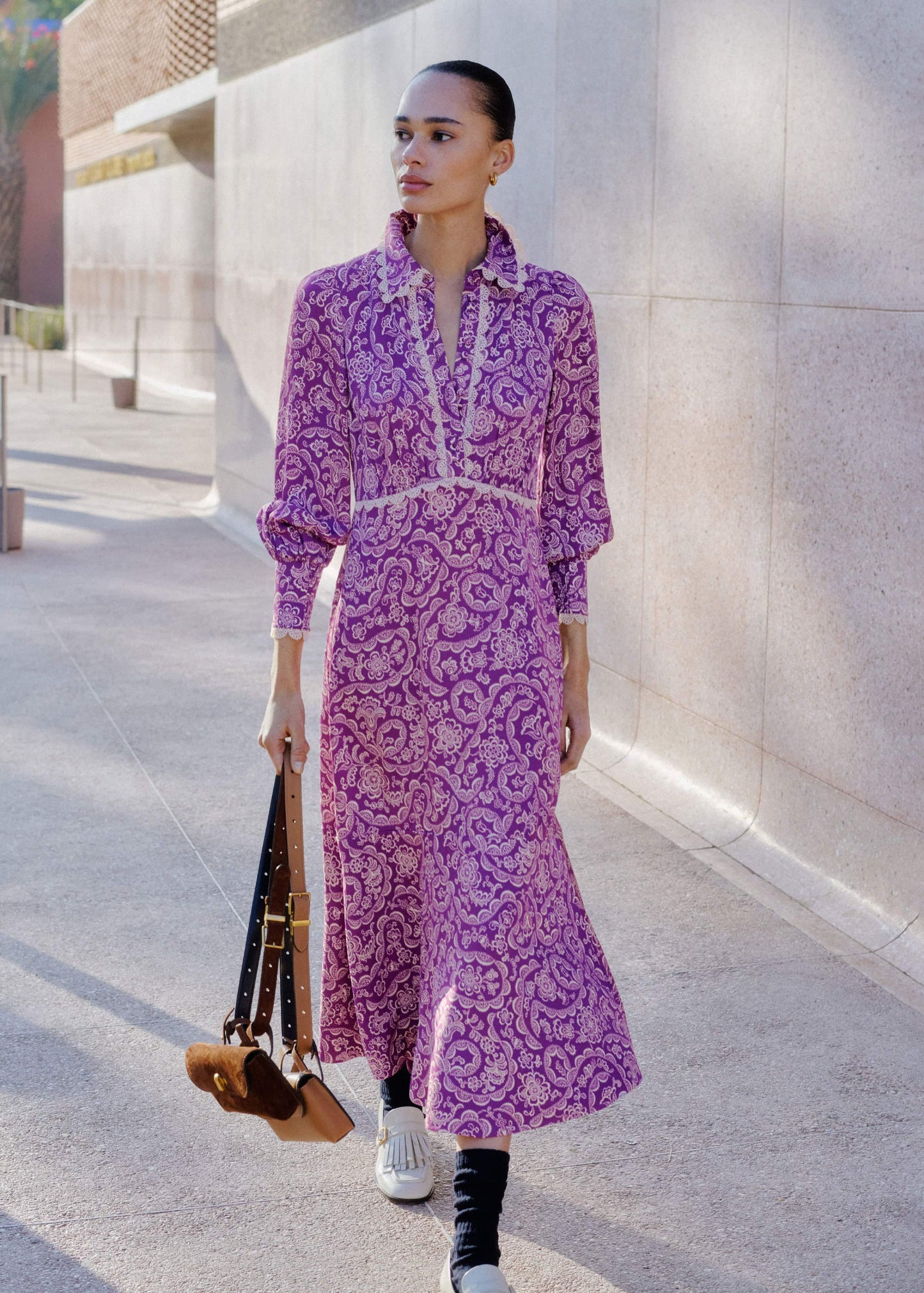 ME and EM Clothing Purple Entangled Lace Print Fit + Flare Maxi Dress