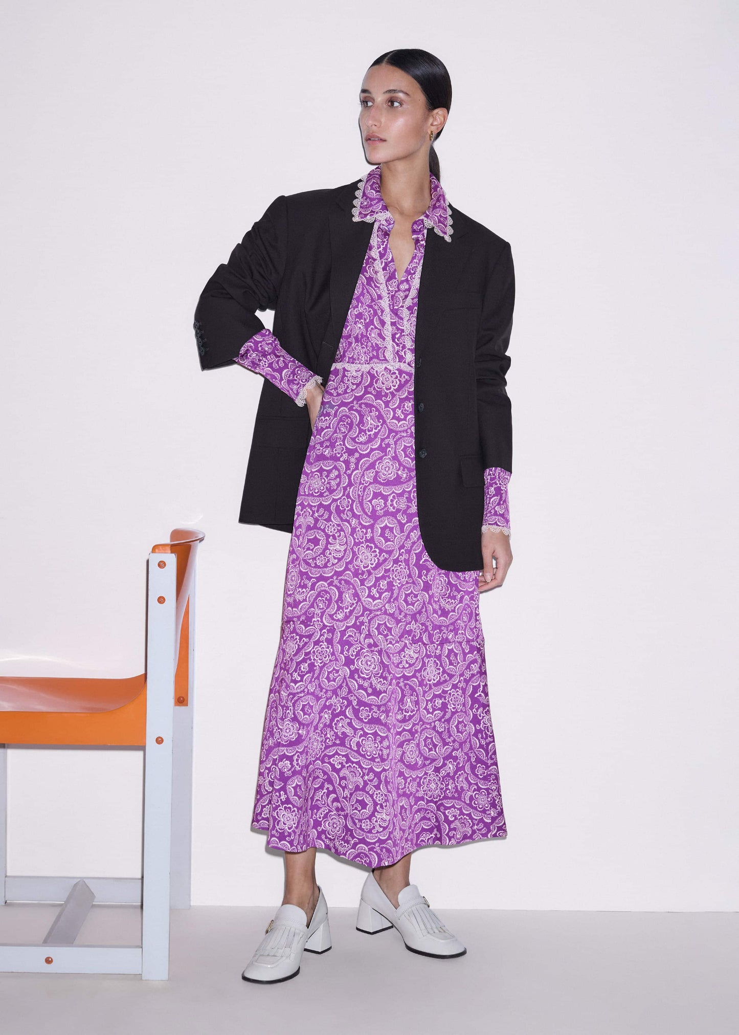 ME and EM Clothing Purple Entangled Lace Print Fit + Flare Maxi Dress