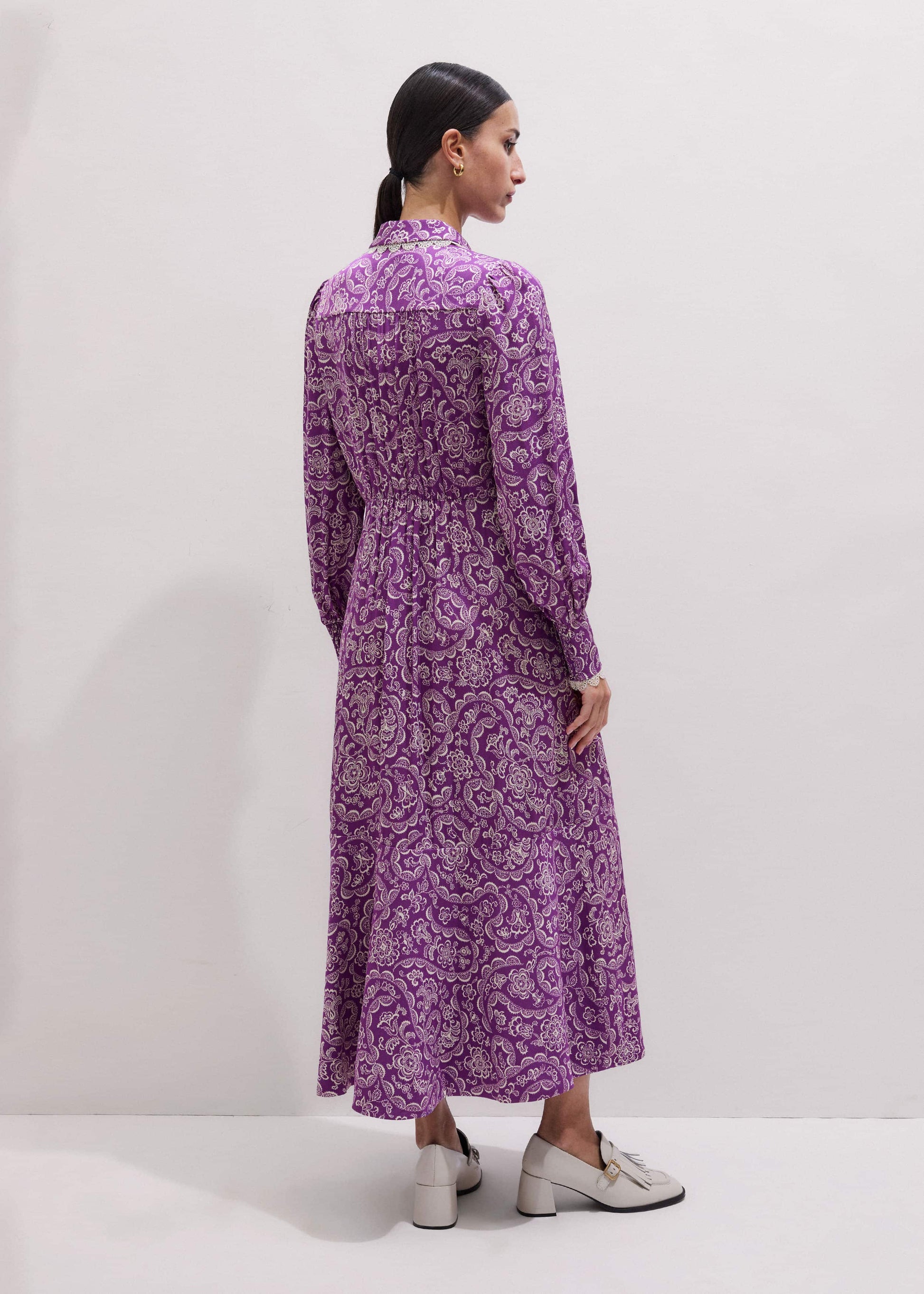 ME and EM Clothing Purple Entangled Lace Print Fit + Flare Maxi Dress
