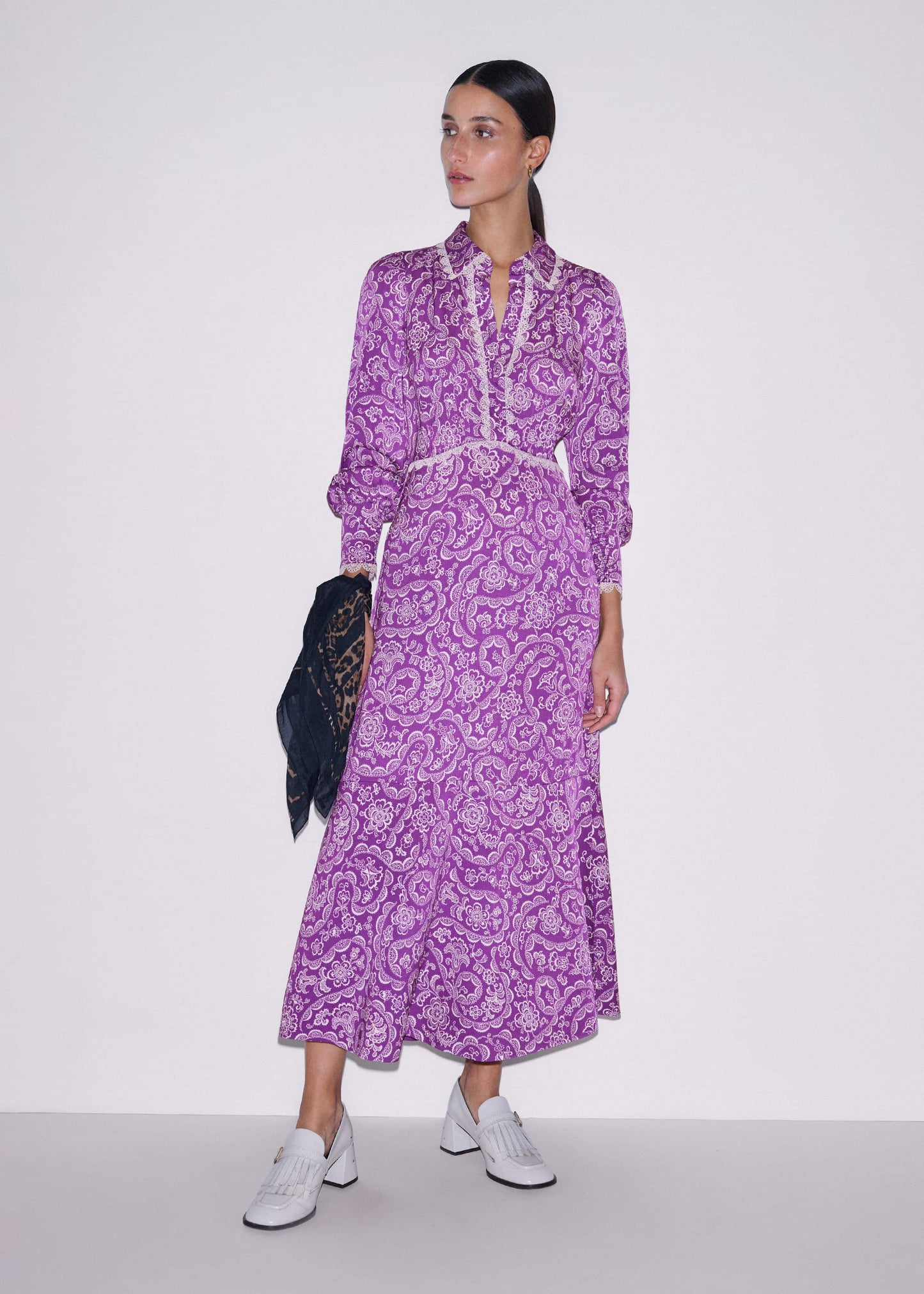ME and EM Clothing Purple Entangled Lace Print Fit + Flare Maxi Dress