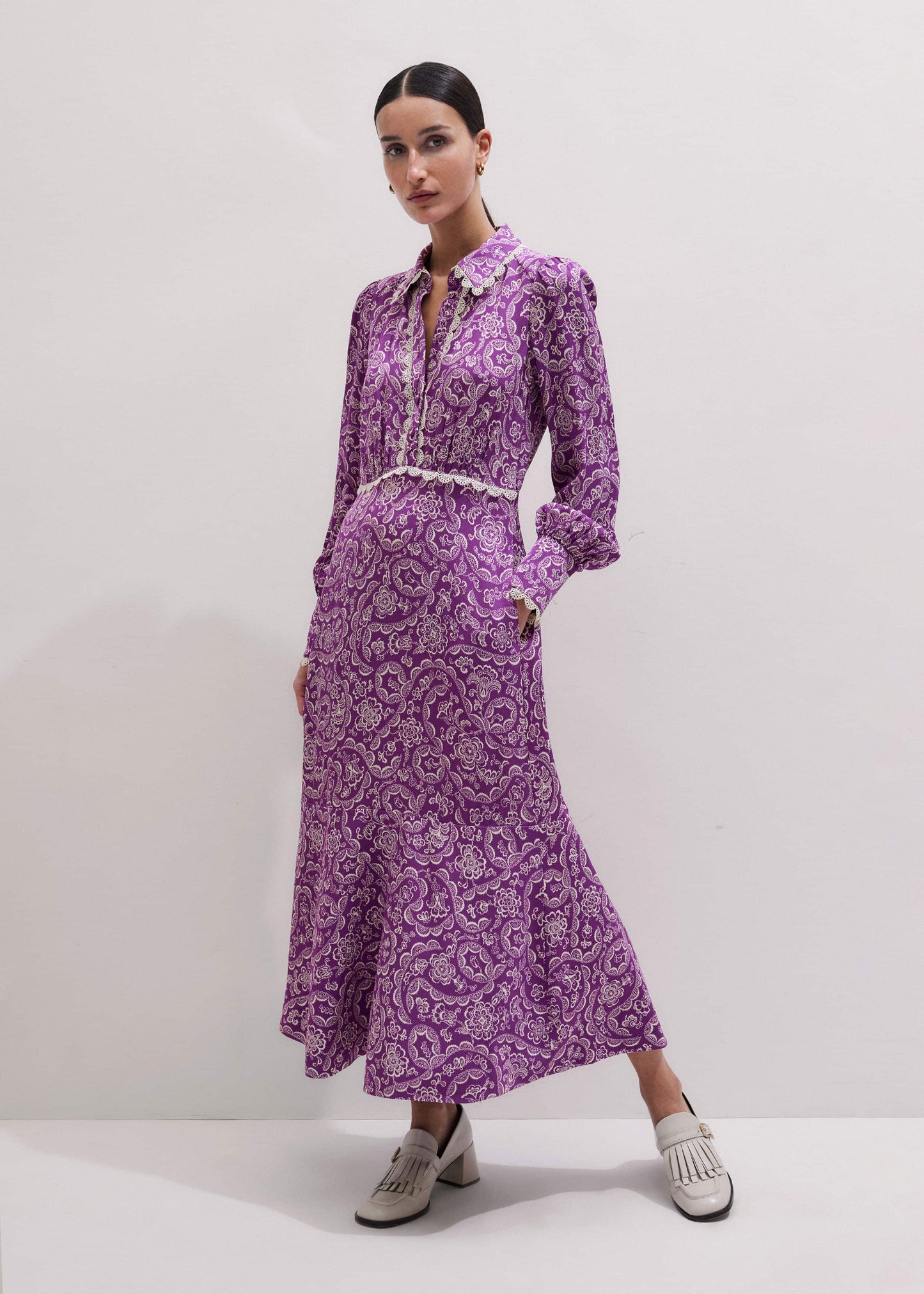 ME and EM Clothing Purple Entangled Lace Print Fit + Flare Maxi Dress