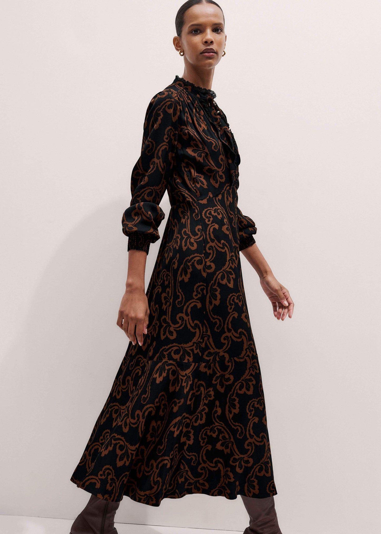 ME and EM Clothing Black Floral Scroll Print Crepe Signature Maxi Dress
