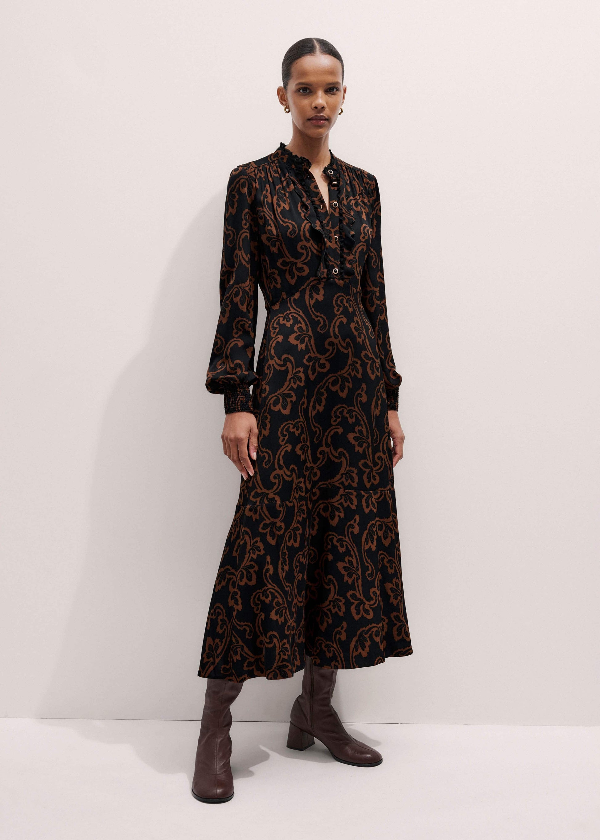 ME and EM Clothing Black Floral Scroll Print Crepe Signature Maxi Dress
