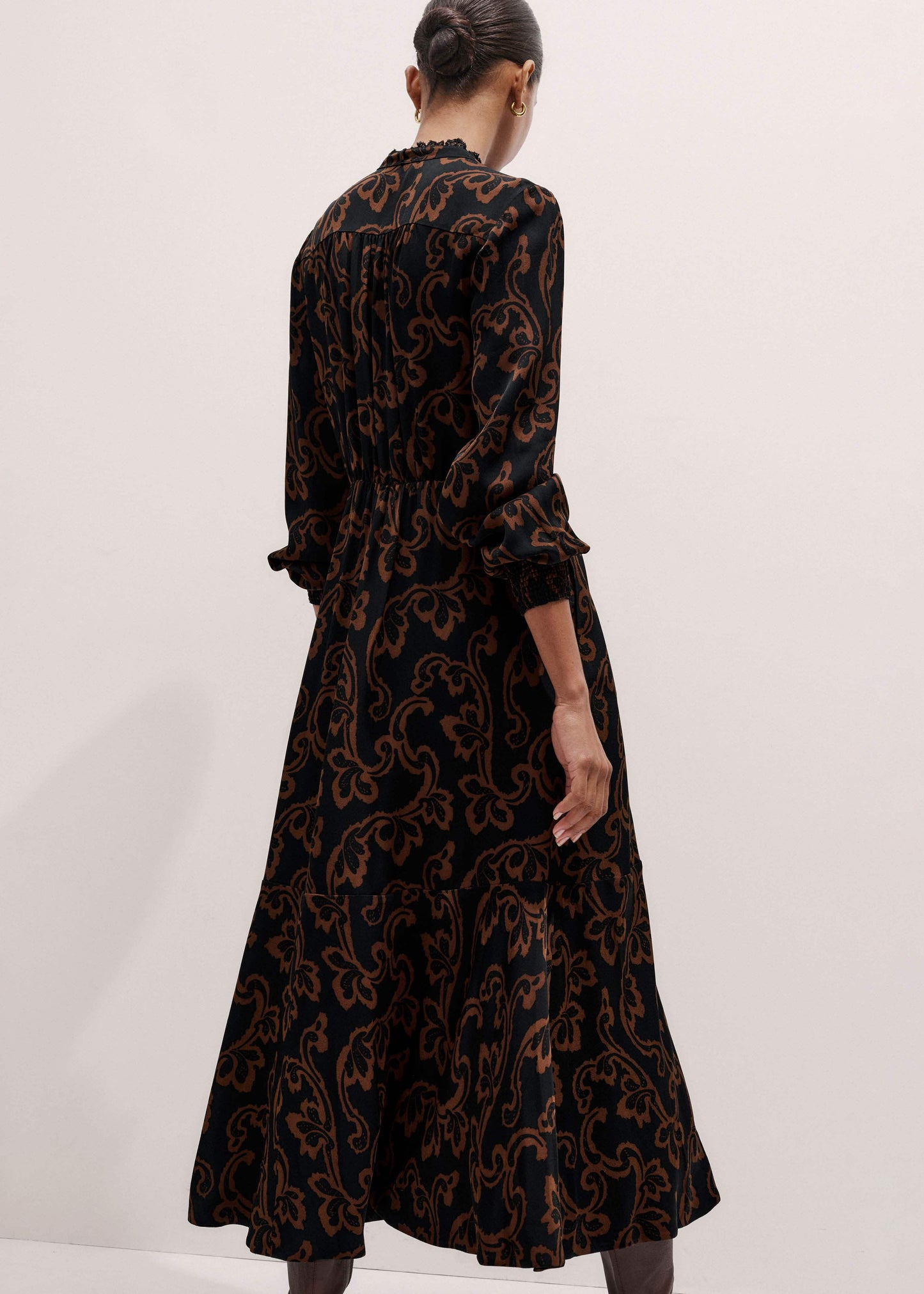 ME and EM Clothing Black Floral Scroll Print Crepe Signature Maxi Dress