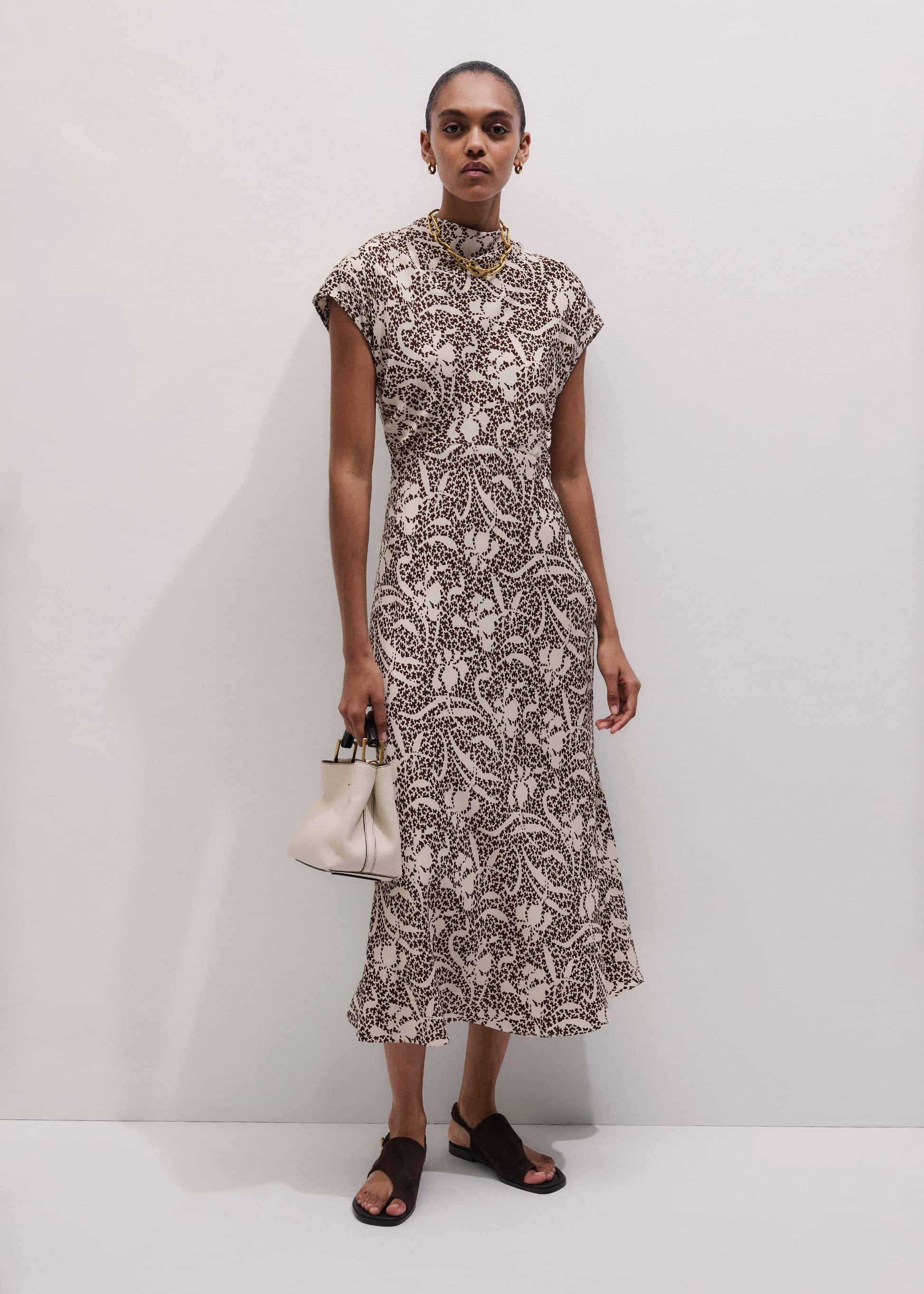 ME and EM Clothing Brown Speckled Bloom Print Bias Cut Maxi Dress