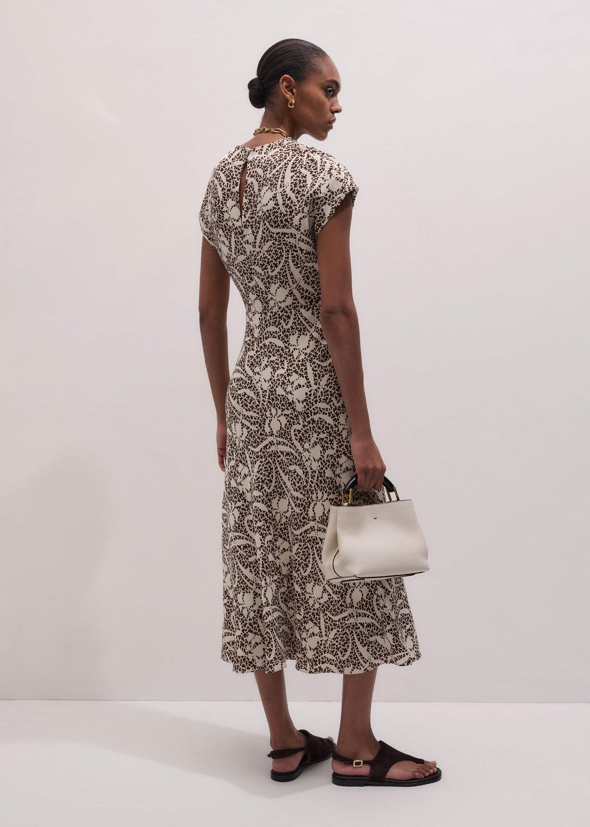 ME and EM Clothing Brown Speckled Bloom Print Bias Cut Maxi Dress
