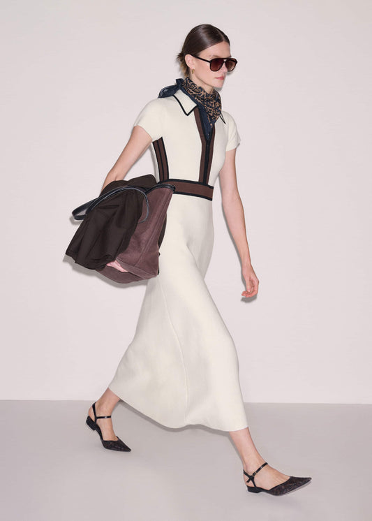 ME and EM Clothing Cream Milano Knit Collared Fit + Flare Maxi Dress