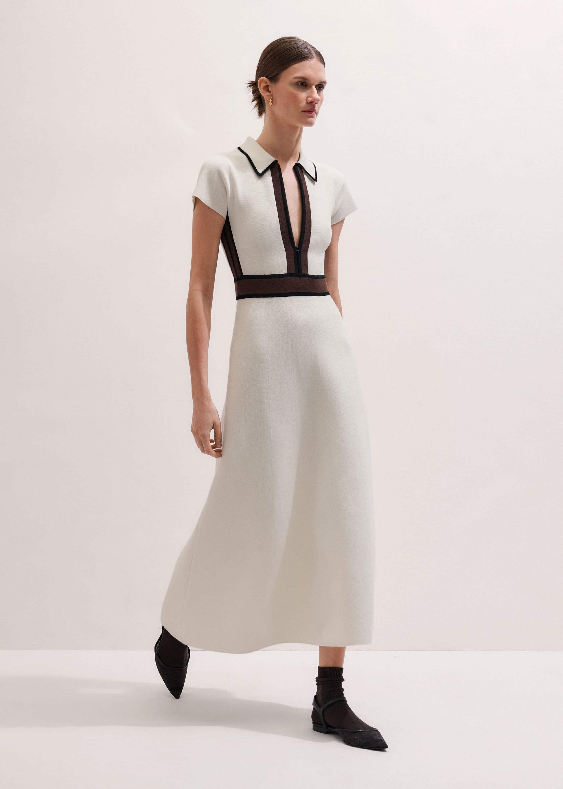 ME and EM Clothing Cream Milano Knit Collared Fit + Flare Maxi Dress