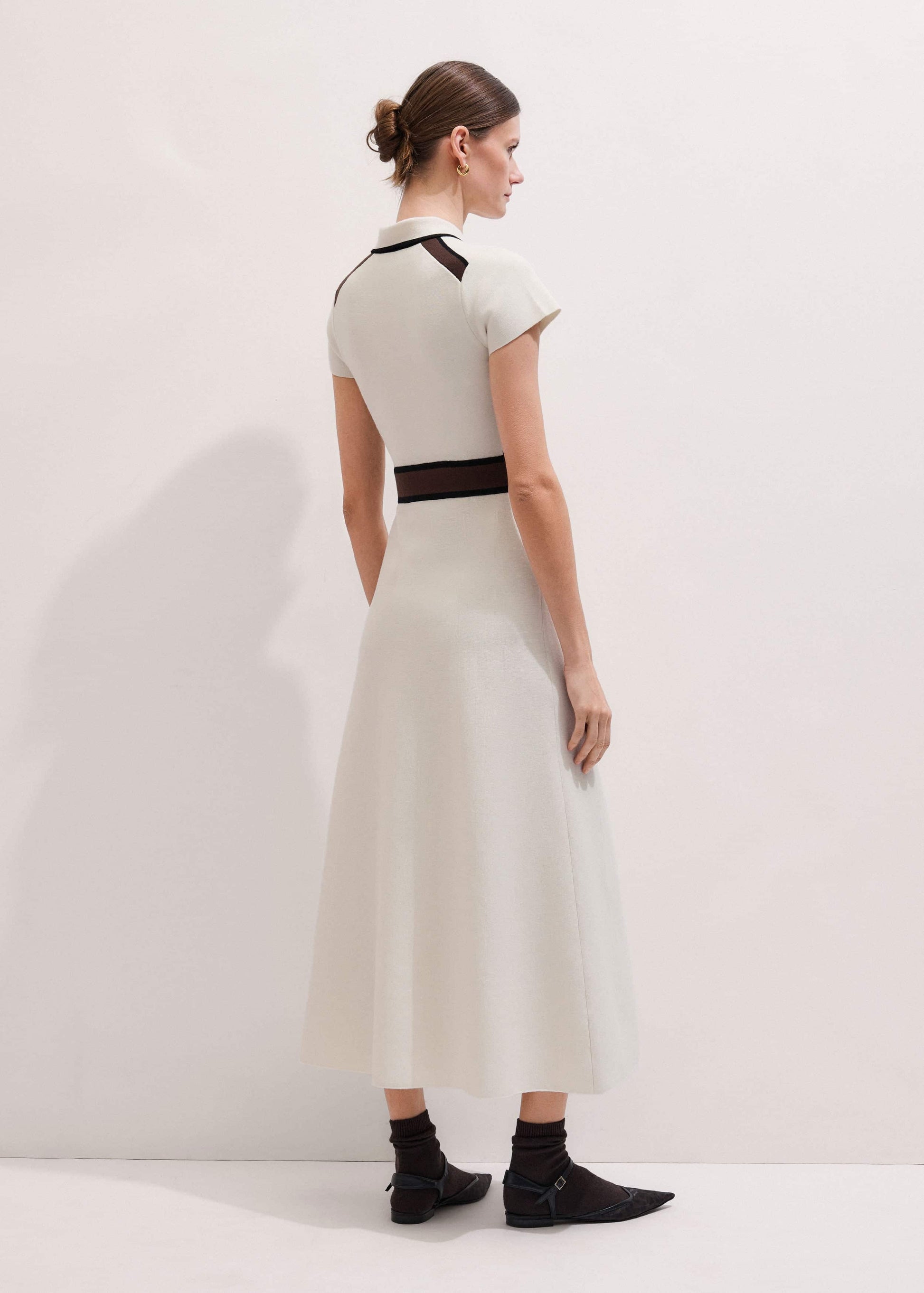 ME and EM Clothing Cream Milano Knit Collared Fit + Flare Maxi Dress
