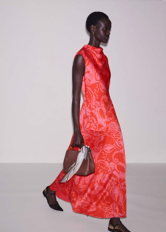 ME and EM Clothing Orange Stylised Silhouette Print Bias Cut Full Length Dress