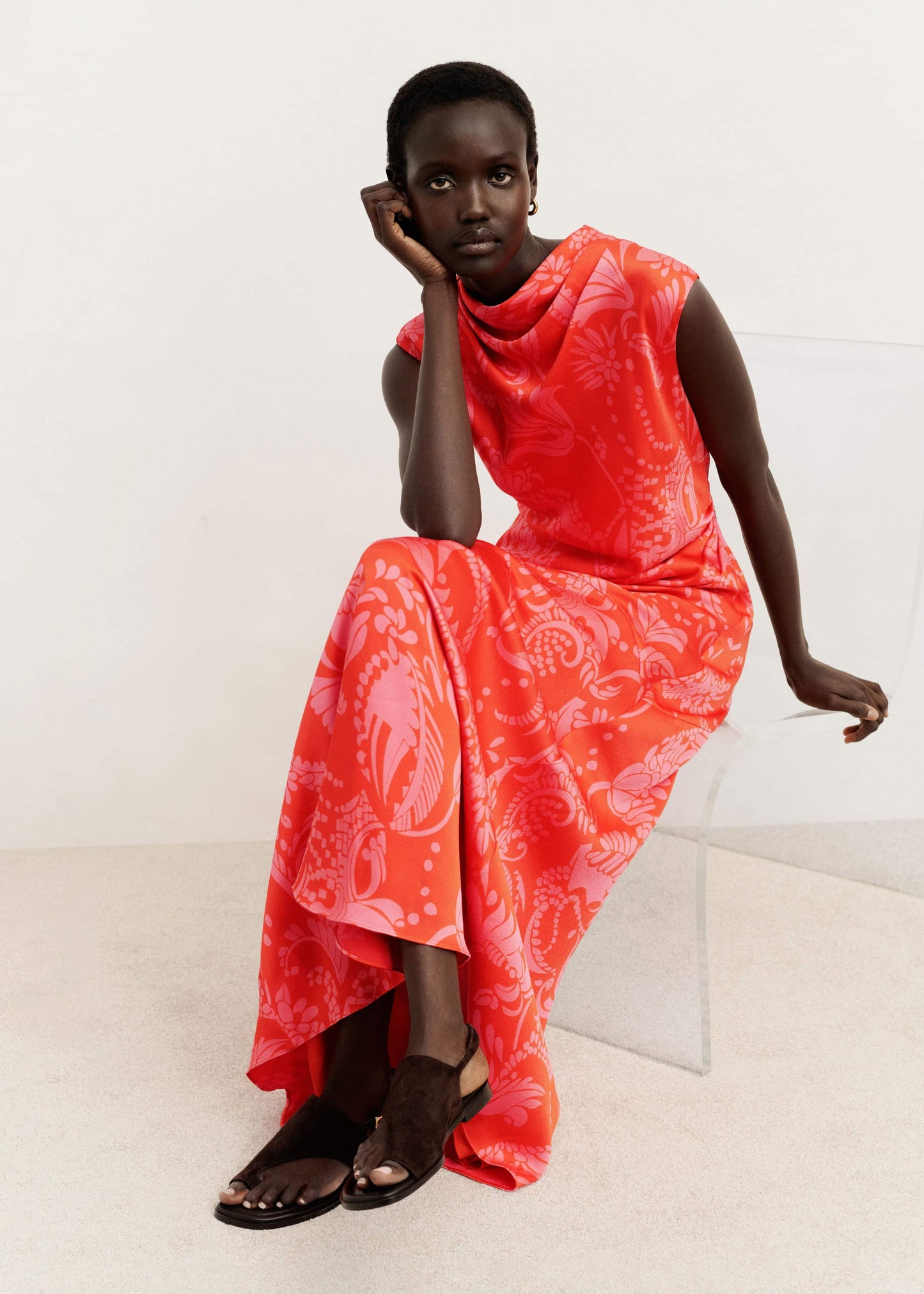 ME and EM Clothing Orange Stylised Silhouette Print Bias Cut Full Length Dress