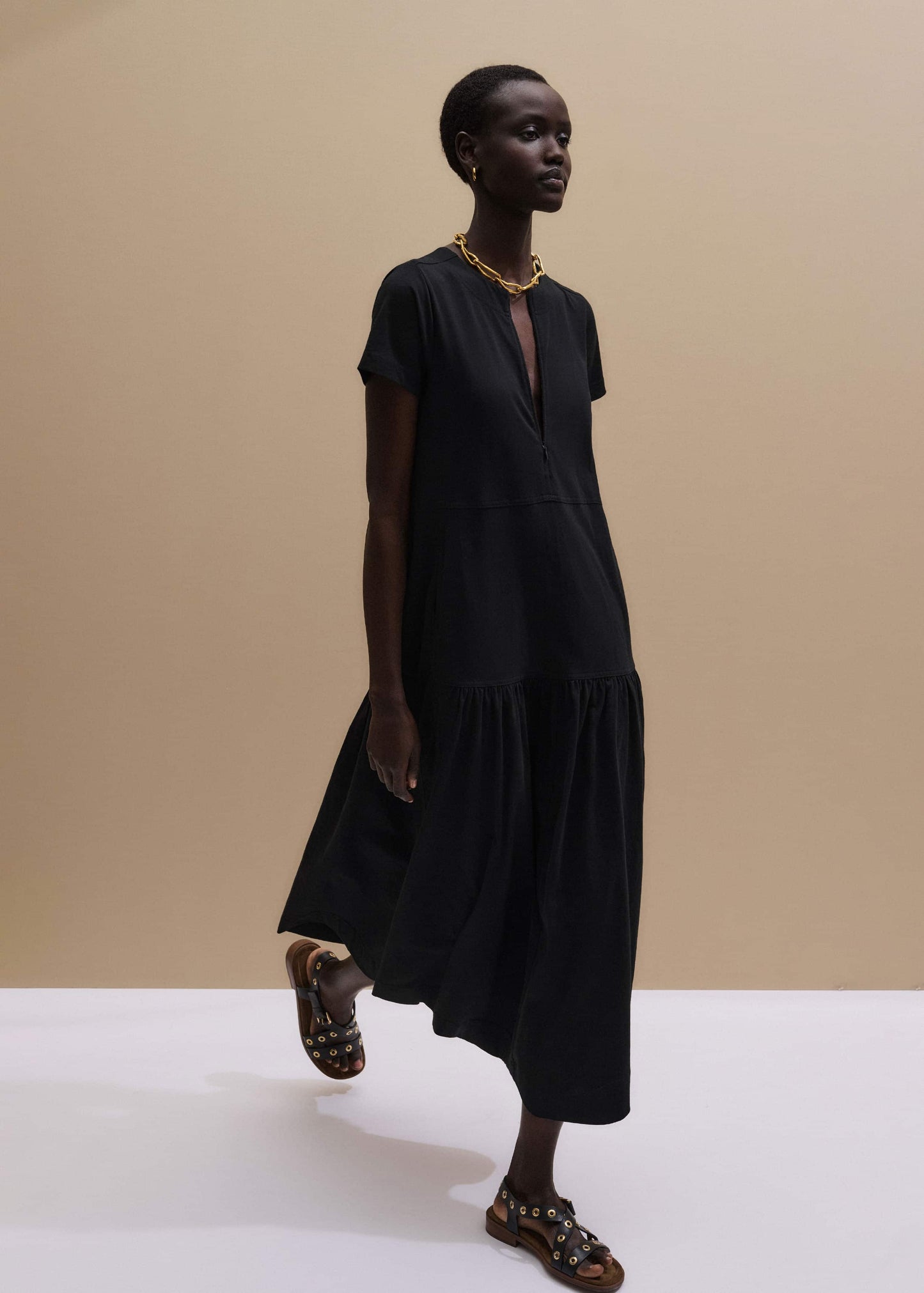ME and EM Clothing Black A-Line Tiered Maxi Dress