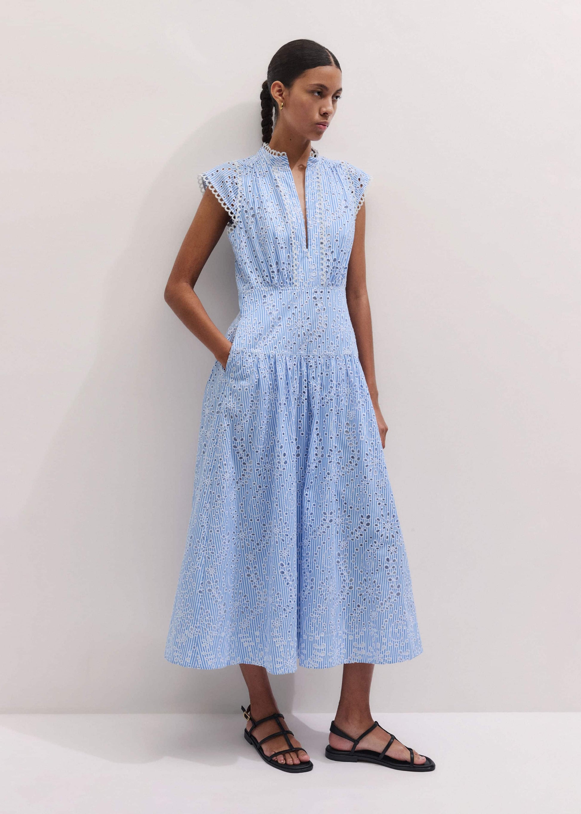 ME and EM Clothing Blue Broderie Anglaise Fit + Flare Maxi Dress