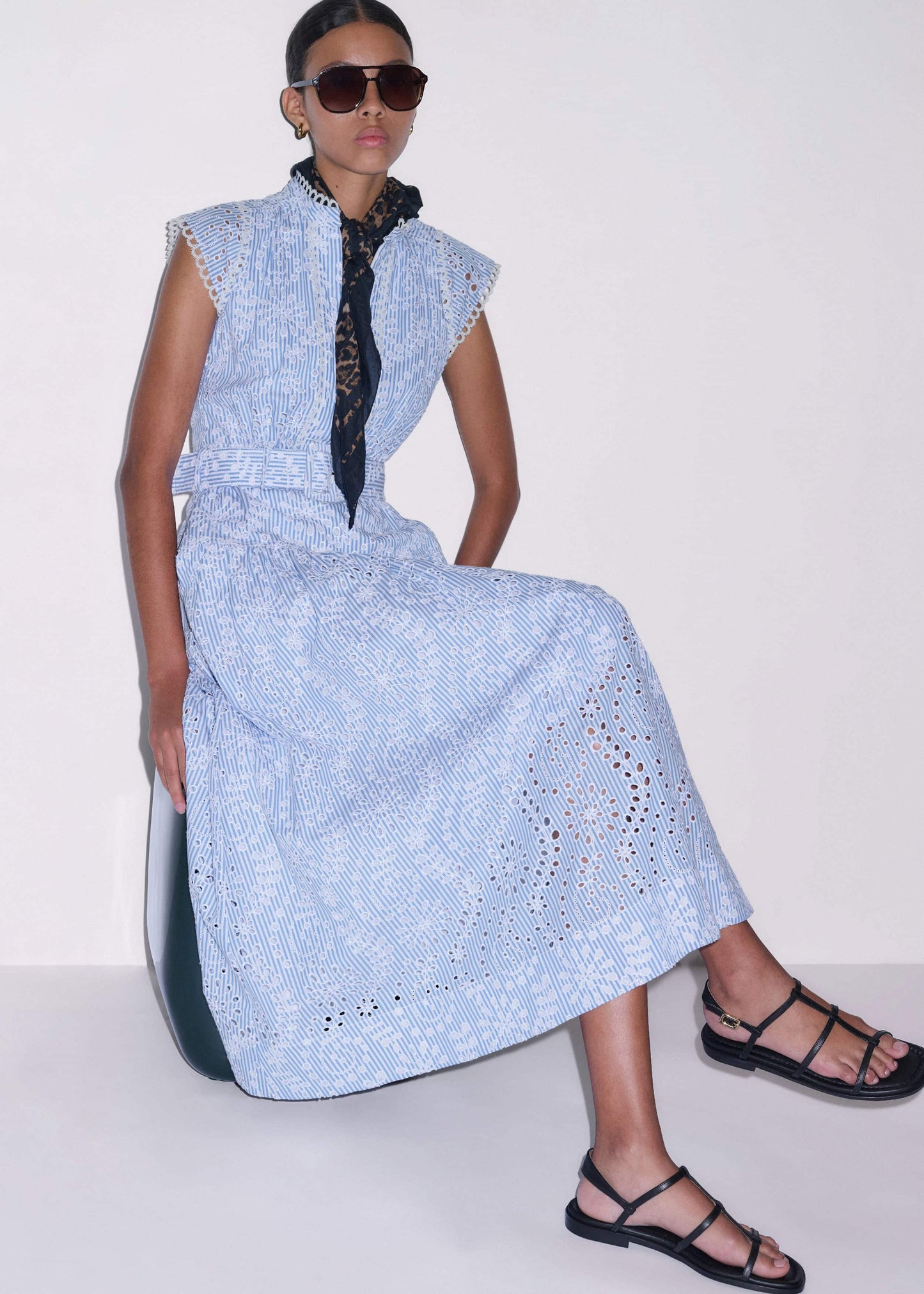 ME and EM Clothing Blue Broderie Anglaise Fit + Flare Maxi Dress
