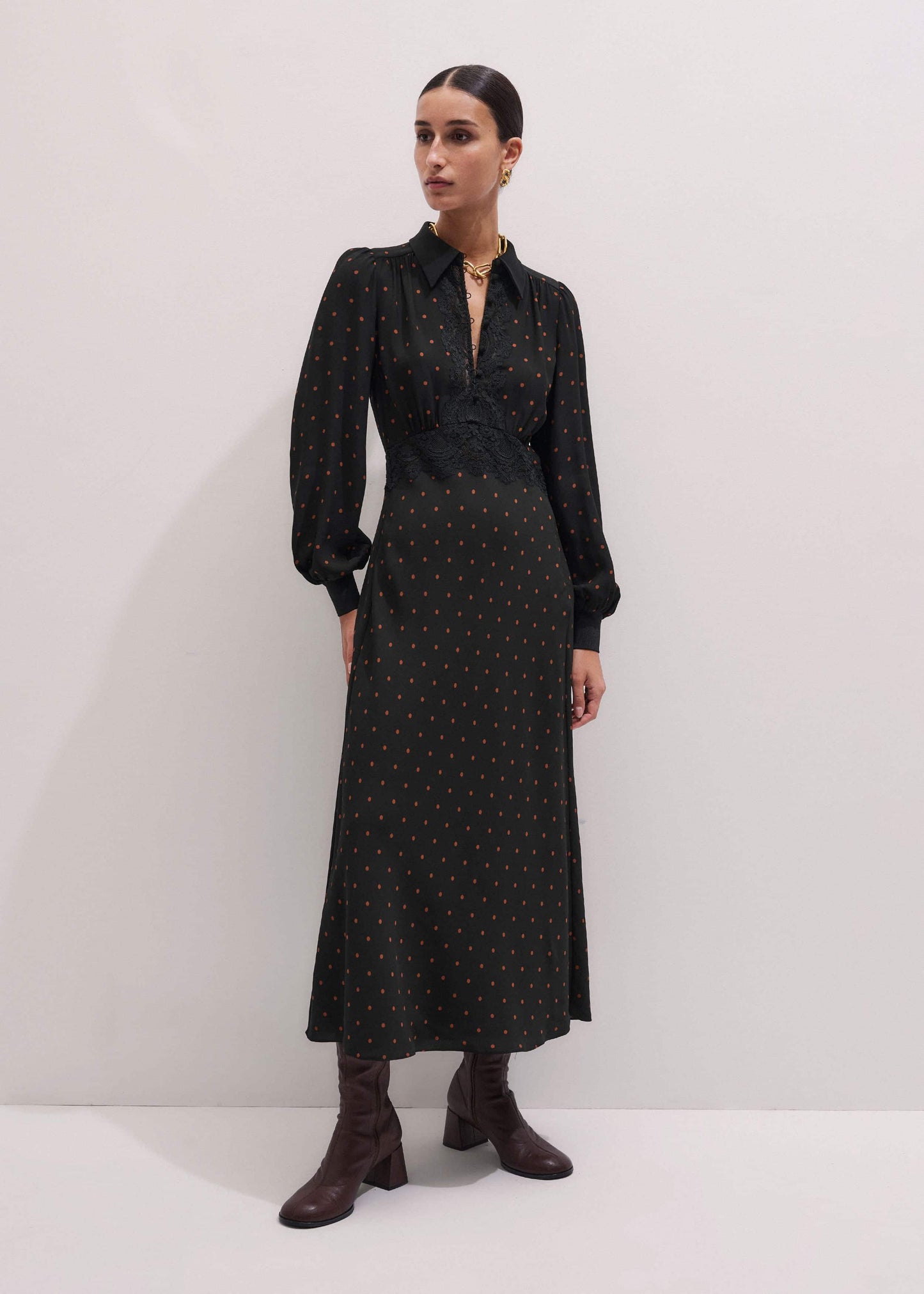 ME and EM Clothing Black Winter Polka Dot Lace Trim Maxi Dress