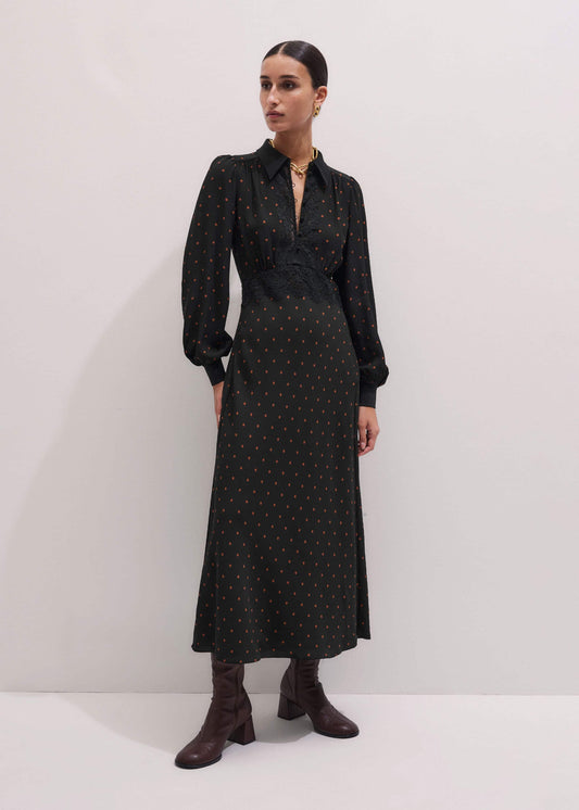 ME and EM Clothing Black Winter Polka Dot Lace Trim Maxi Dress