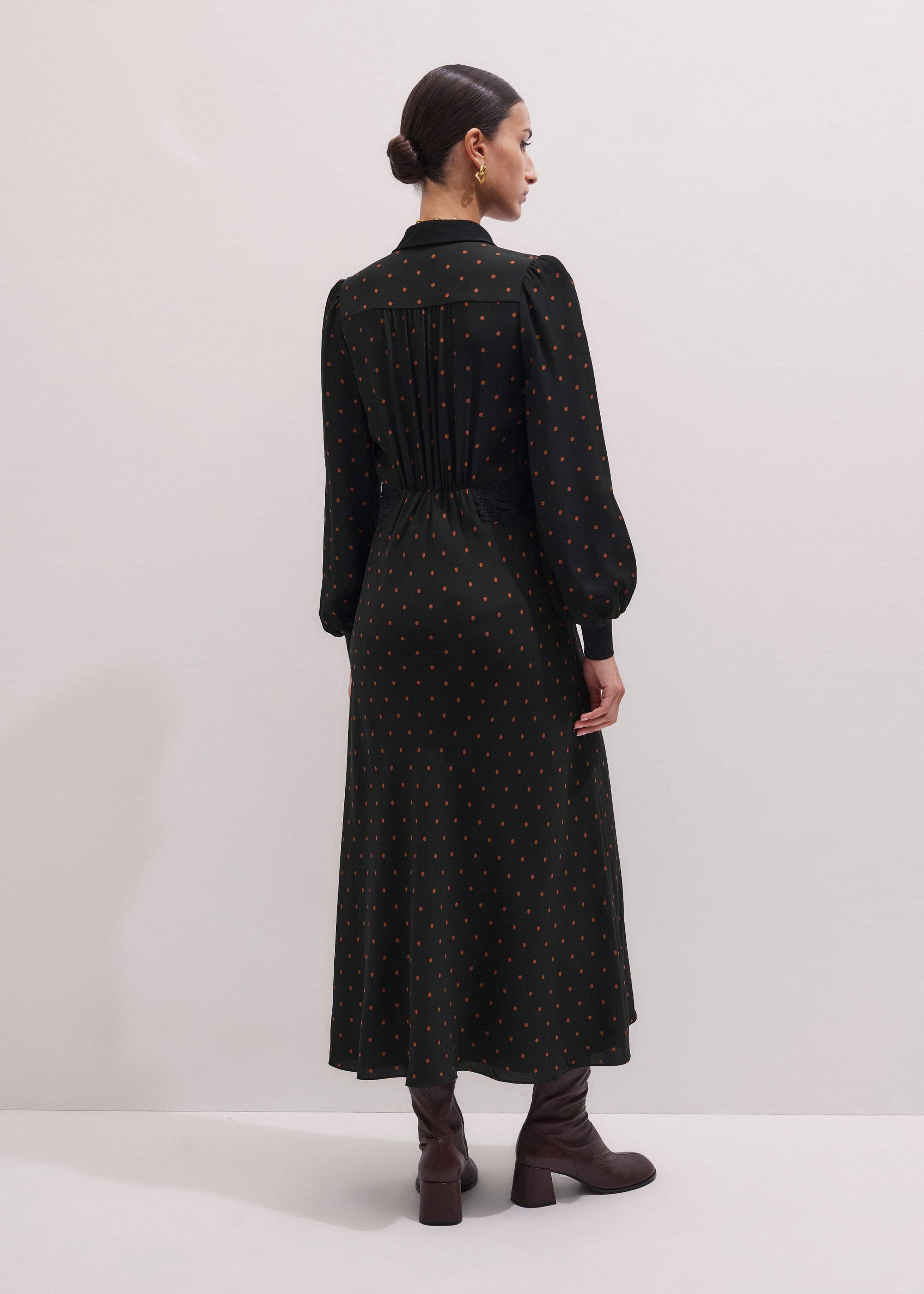 ME and EM Clothing Black Winter Polka Dot Lace Trim Maxi Dress