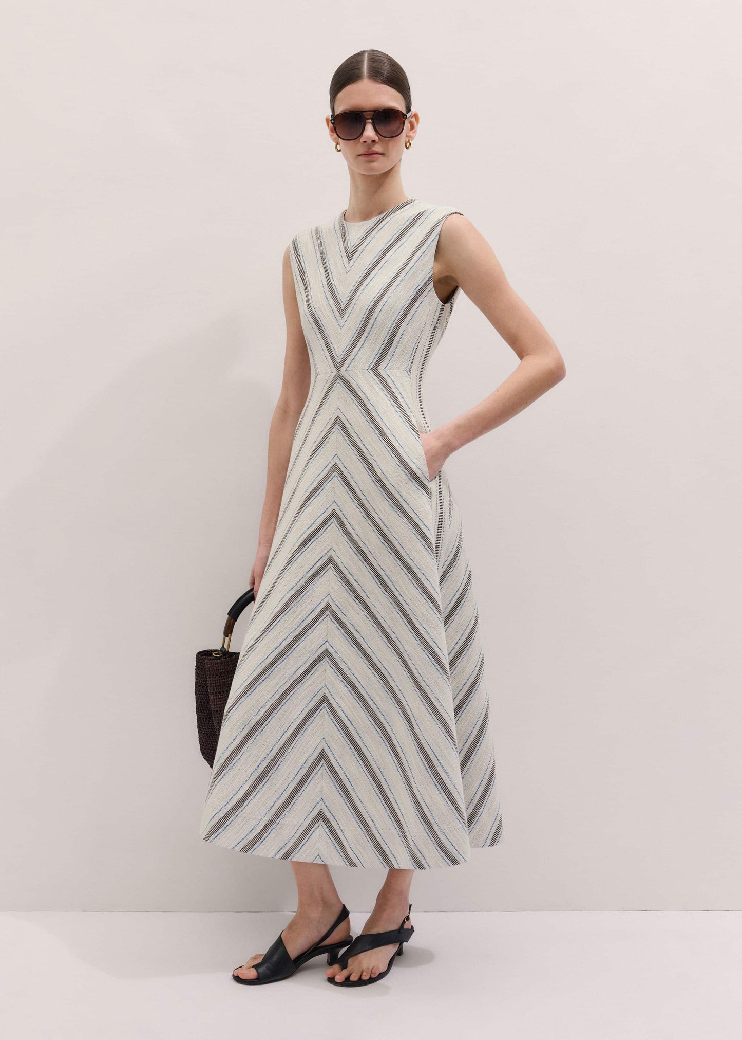 ME and EM Clothing Light Cream Fit + Flare Midi Dress