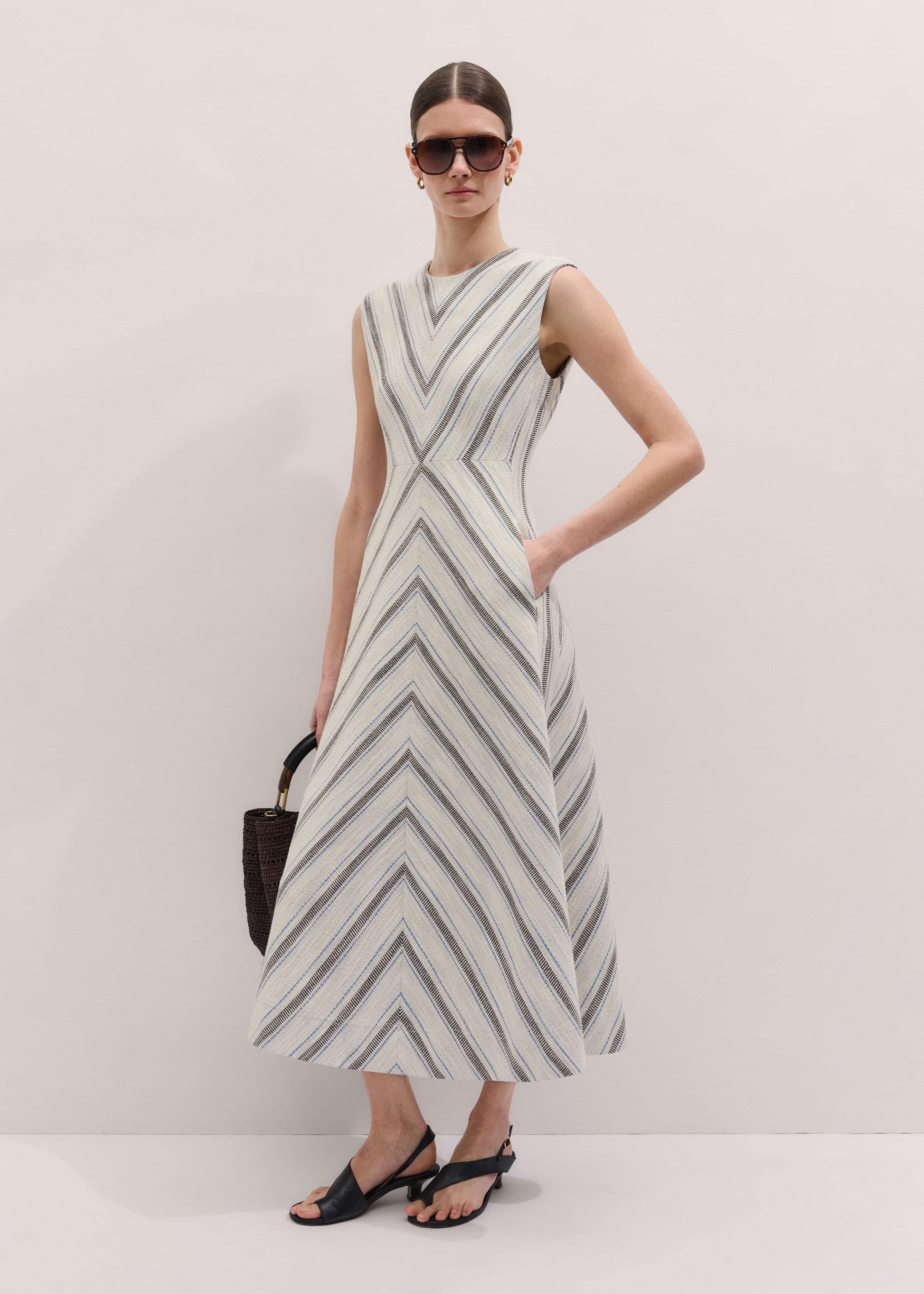ME and EM Clothing Light Cream Fit + Flare Midi Dress