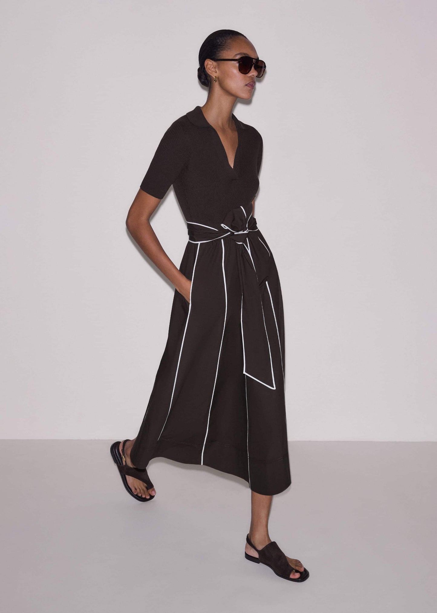 ME and EM Clothing Brown Mixed Media Fit And Flare Midi Dress + Belt