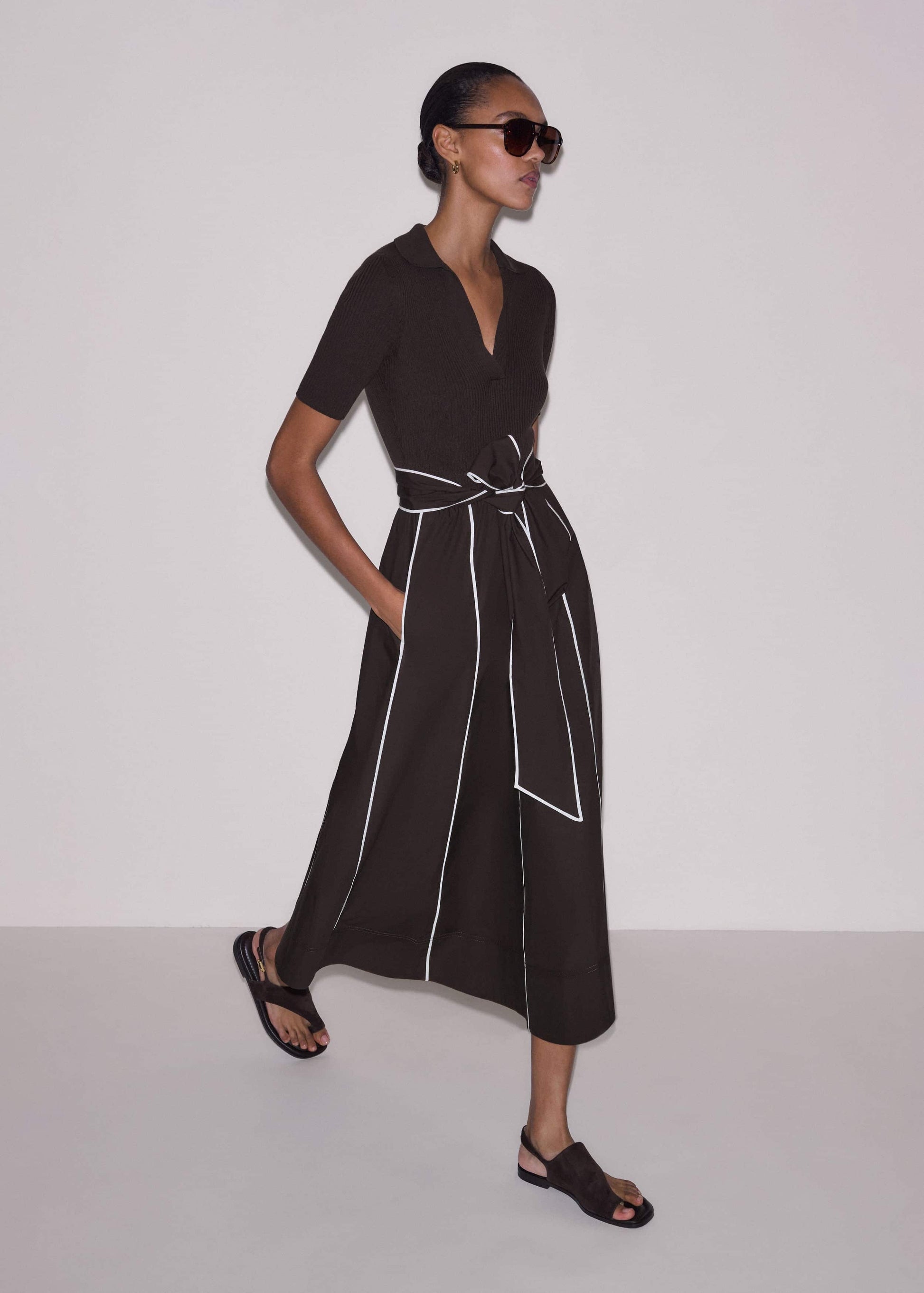ME and EM Clothing Brown Mixed Media Fit And Flare Midi Dress + Belt