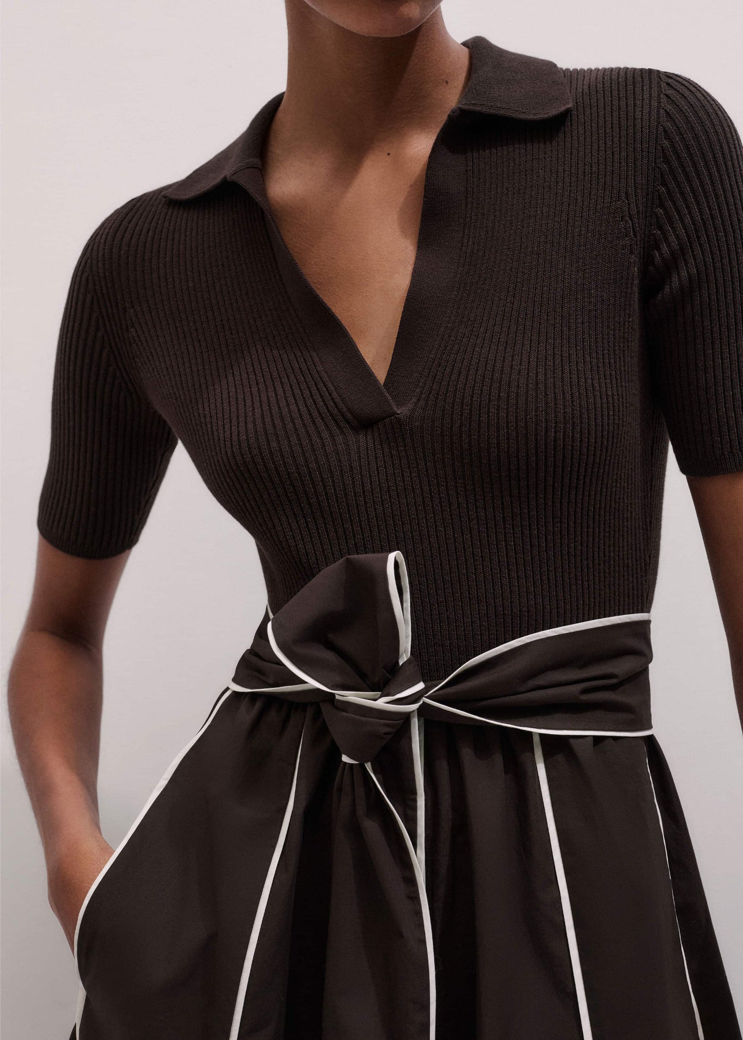 ME and EM Clothing Brown Mixed Media Fit And Flare Midi Dress + Belt