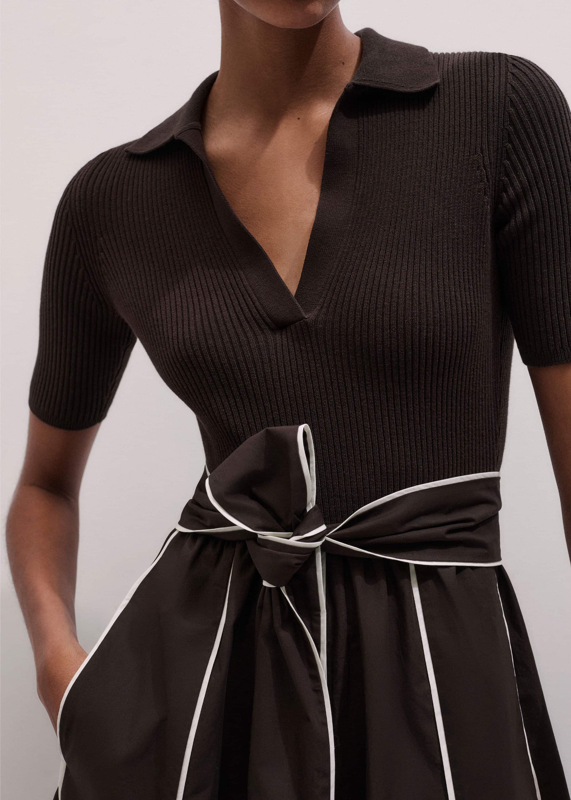 ME and EM Clothing Brown Mixed Media Fit And Flare Midi Dress + Belt