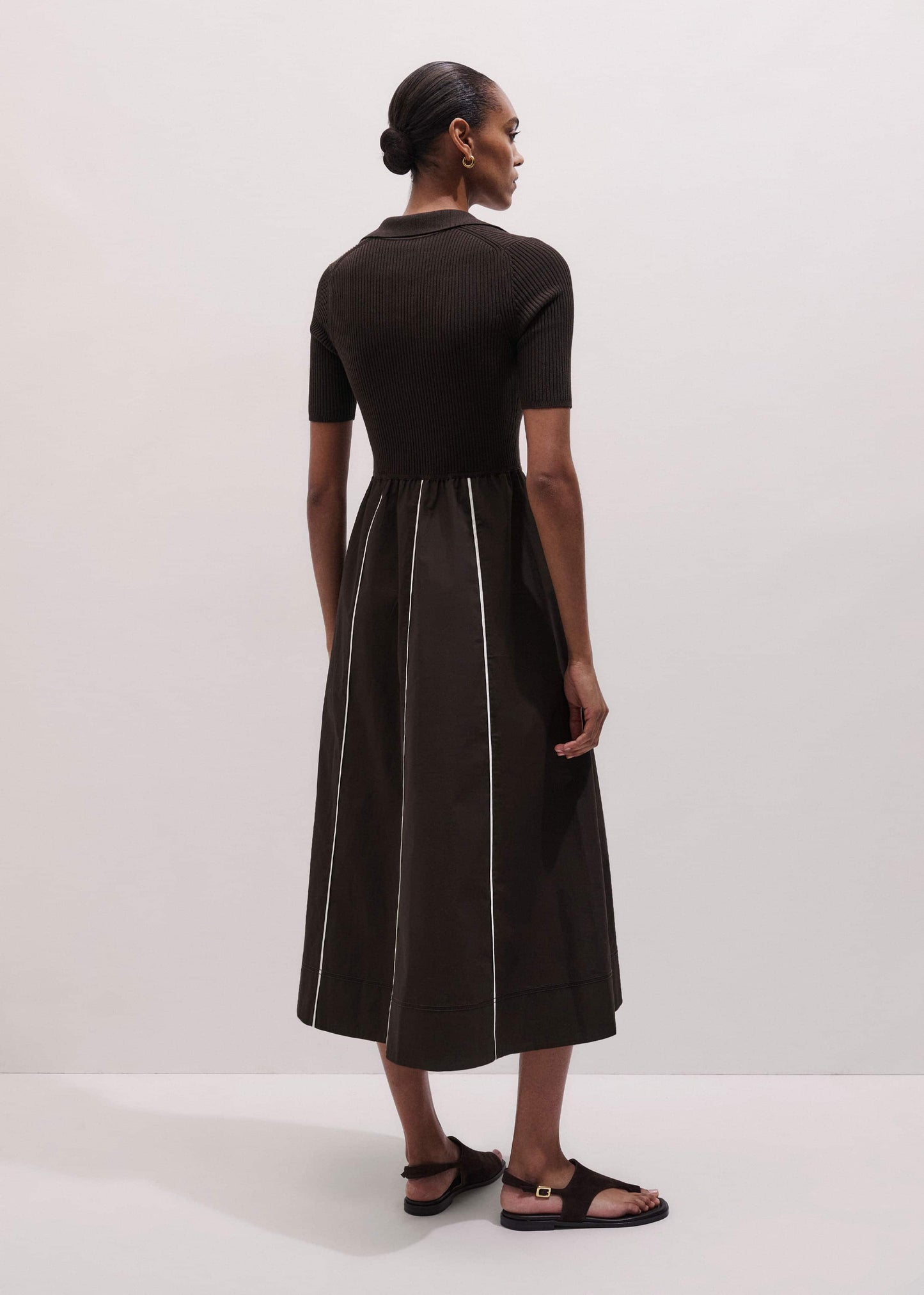 ME and EM Clothing Brown Mixed Media Fit And Flare Midi Dress + Belt