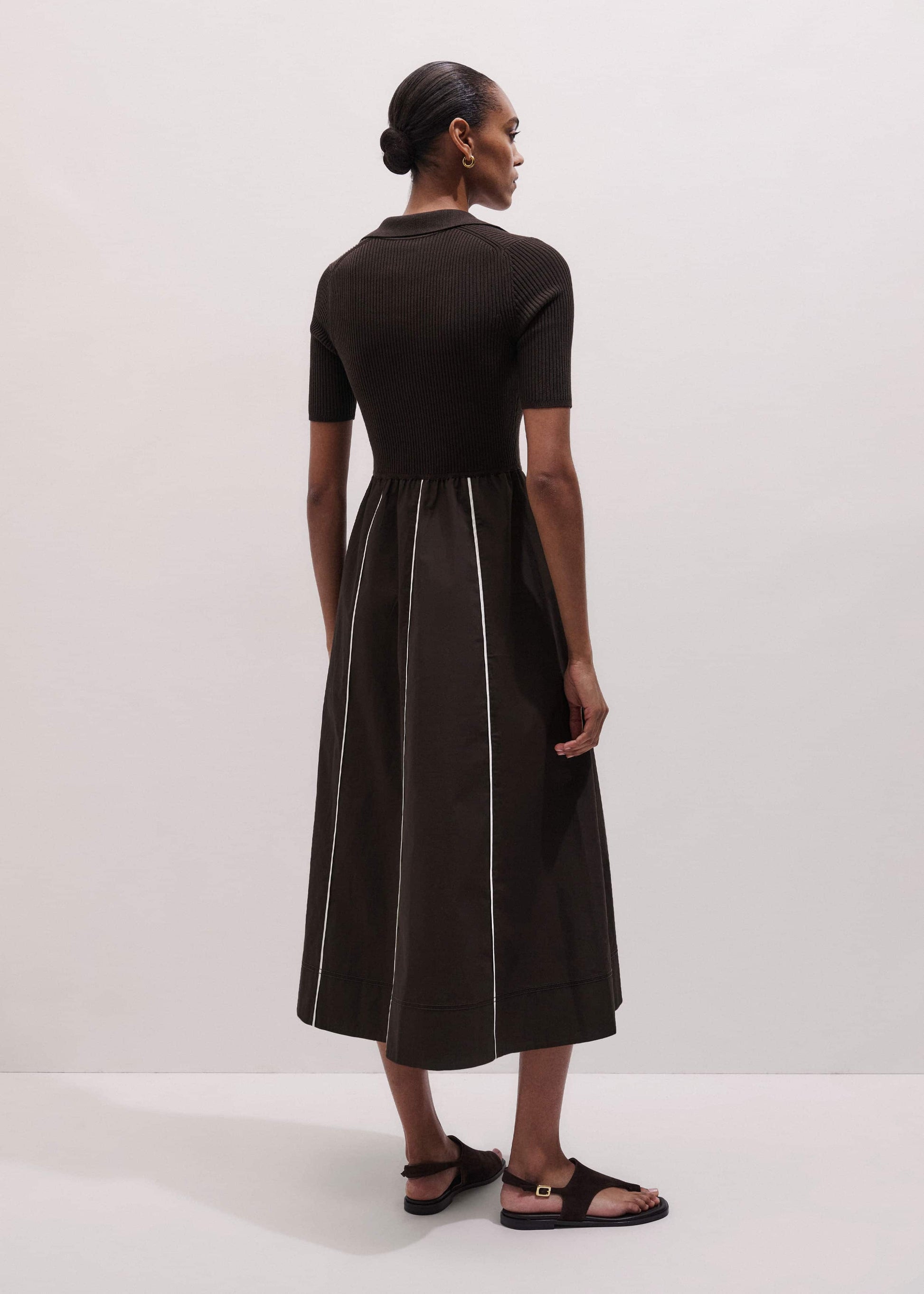 ME and EM Clothing Brown Mixed Media Fit And Flare Midi Dress + Belt