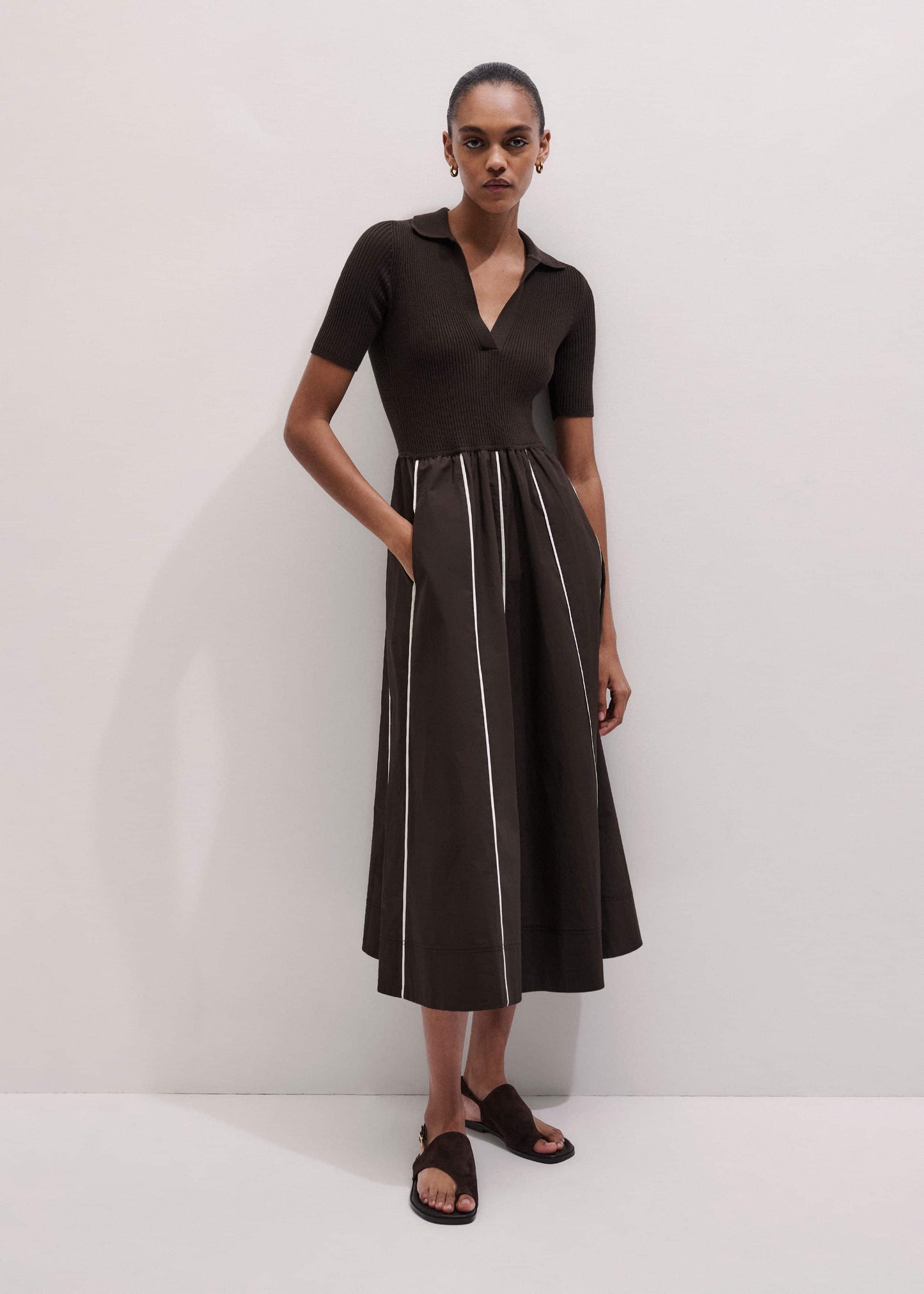 ME and EM Clothing Brown Mixed Media Fit And Flare Midi Dress + Belt