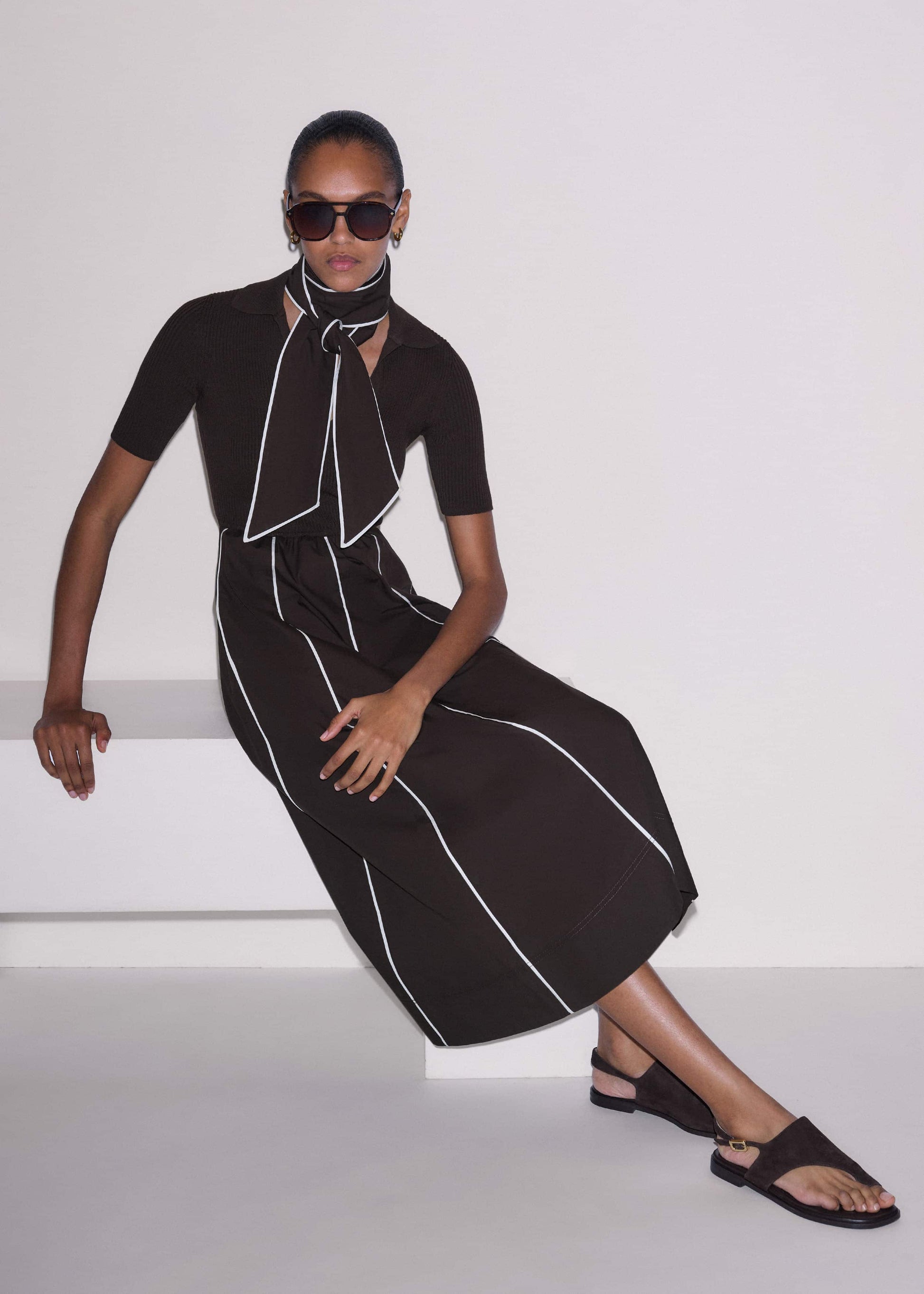 ME and EM Clothing Brown Mixed Media Fit And Flare Midi Dress + Belt