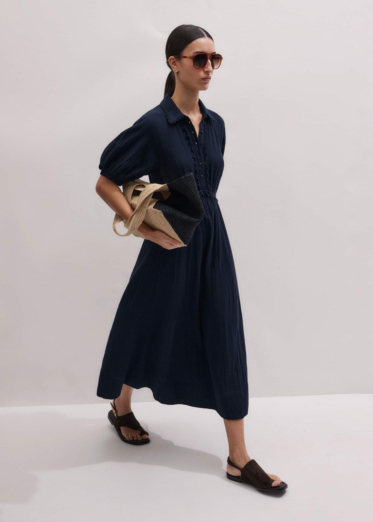ME and EM Clothing Navy Cheesecloth Intricate Detail Fit + Flare Midi Dress
