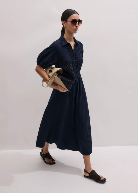 ME and EM Clothing Navy Cheesecloth Intricate Detail Fit + Flare Midi Dress
