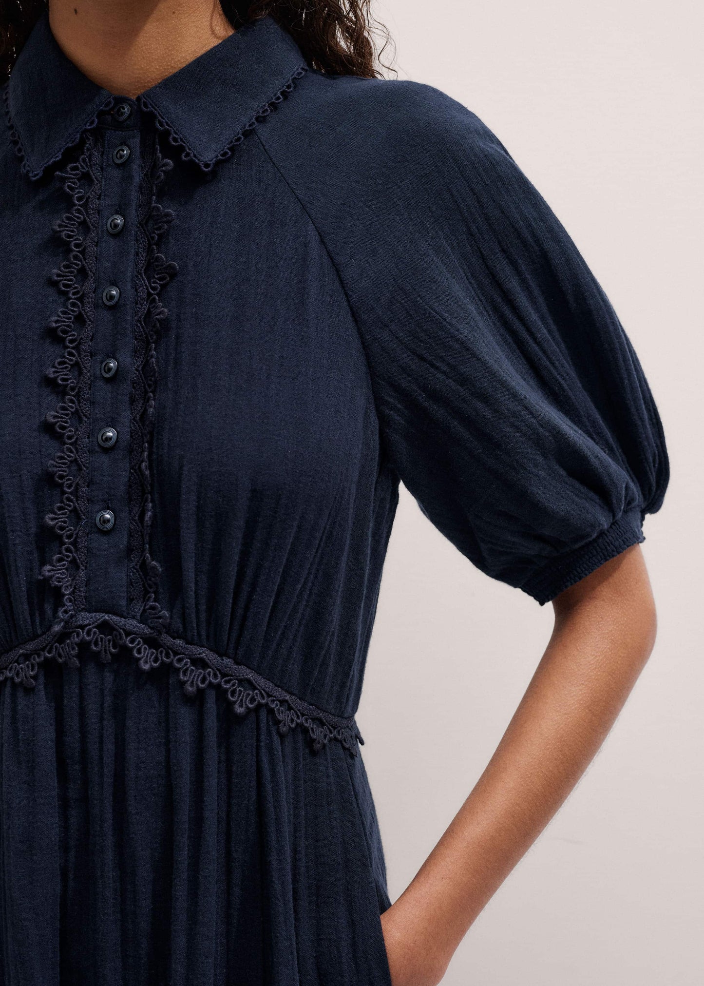 ME and EM Clothing Navy Cheesecloth Intricate Detail Fit + Flare Midi Dress