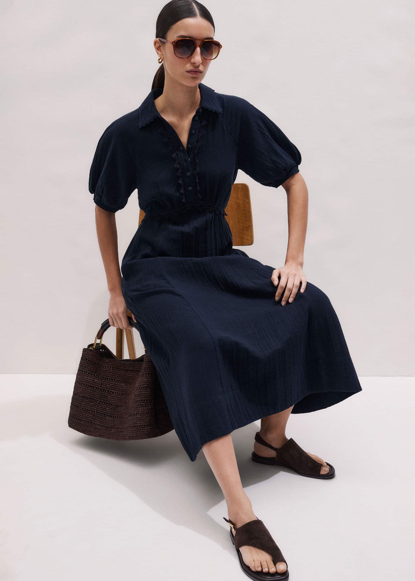 ME and EM Clothing Navy Cheesecloth Intricate Detail Fit + Flare Midi Dress