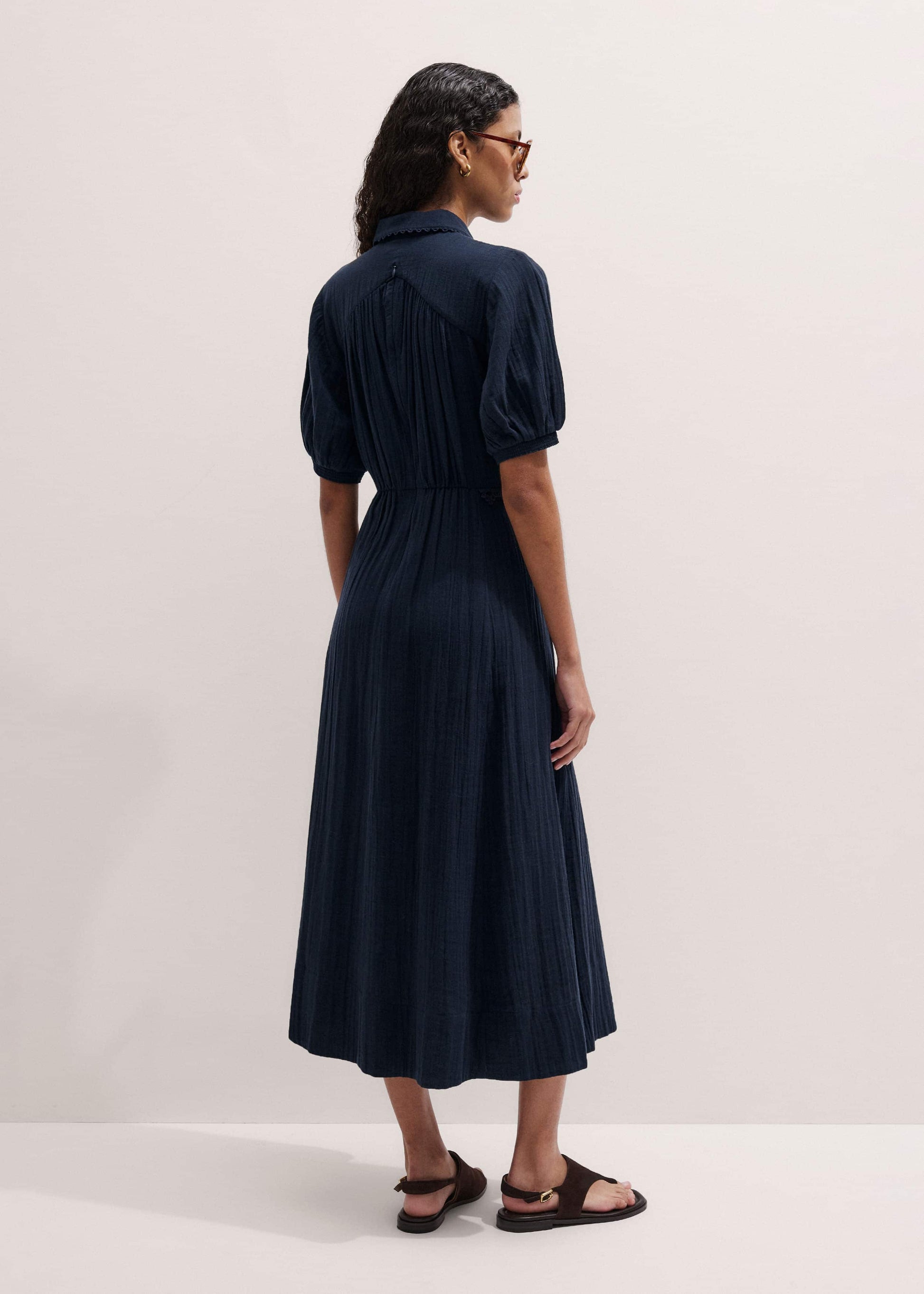 ME and EM Clothing Navy Cheesecloth Intricate Detail Fit + Flare Midi Dress