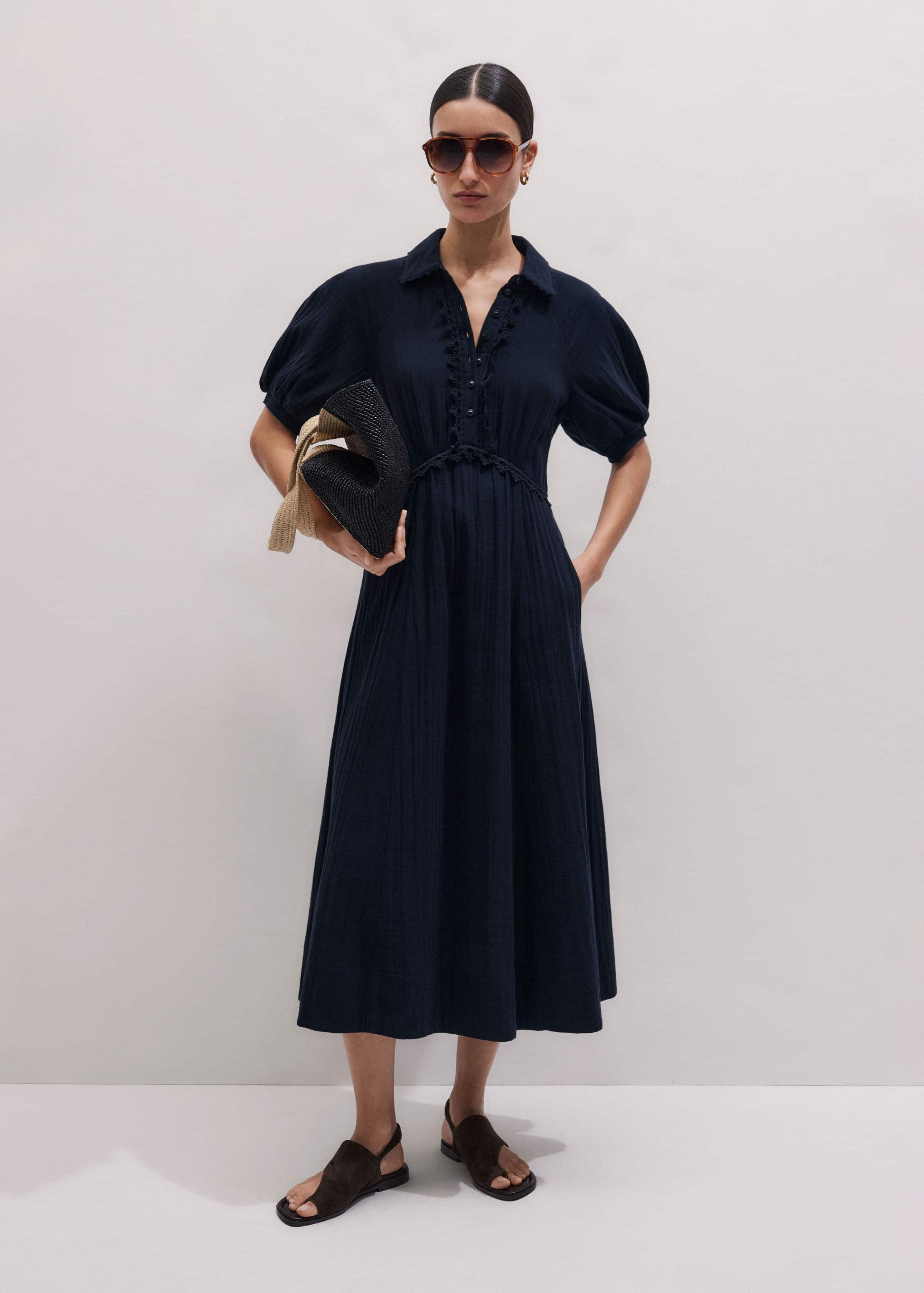 ME and EM Clothing Navy Cheesecloth Intricate Detail Fit + Flare Midi Dress