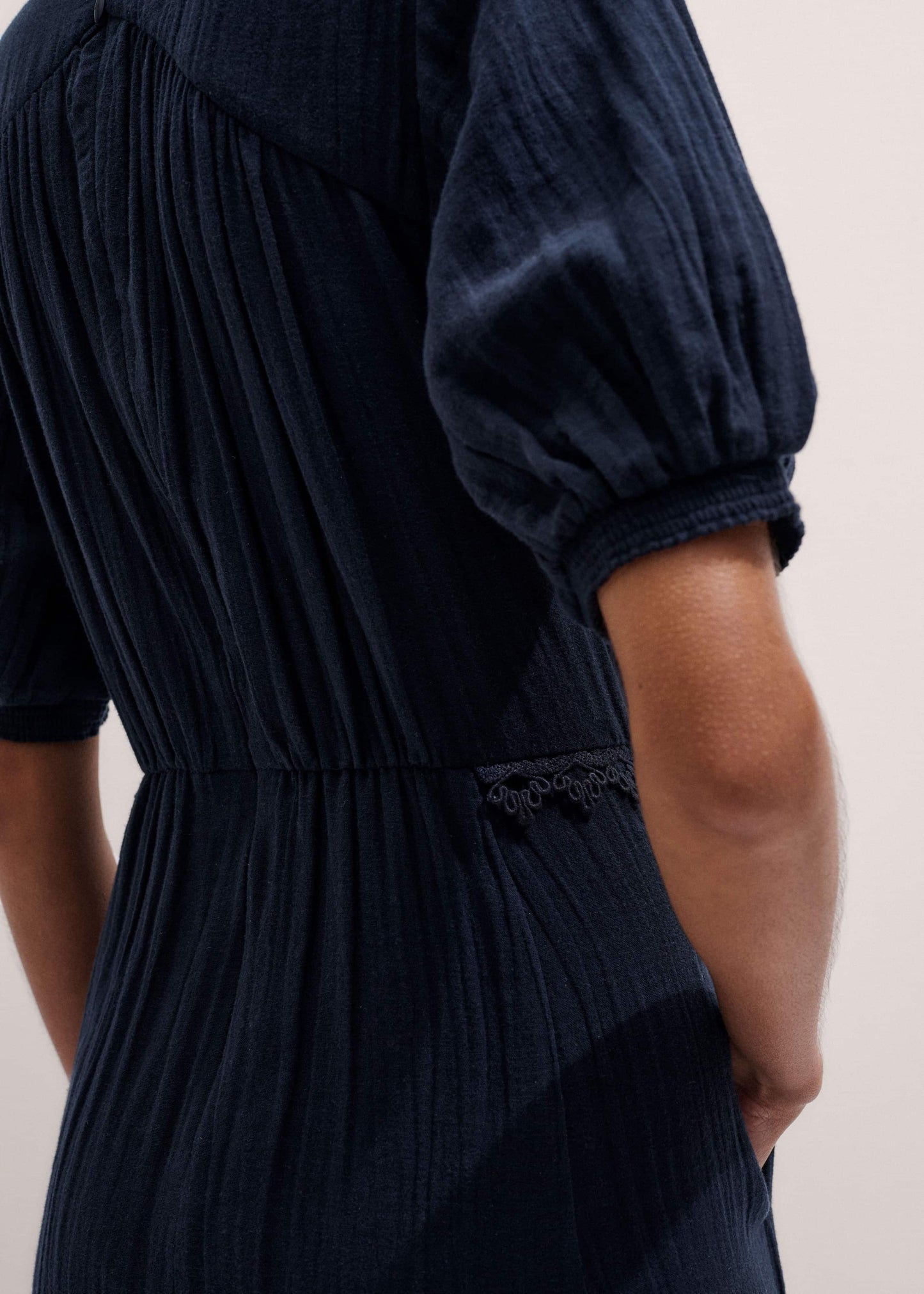 ME and EM Clothing Navy Cheesecloth Intricate Detail Fit + Flare Midi Dress