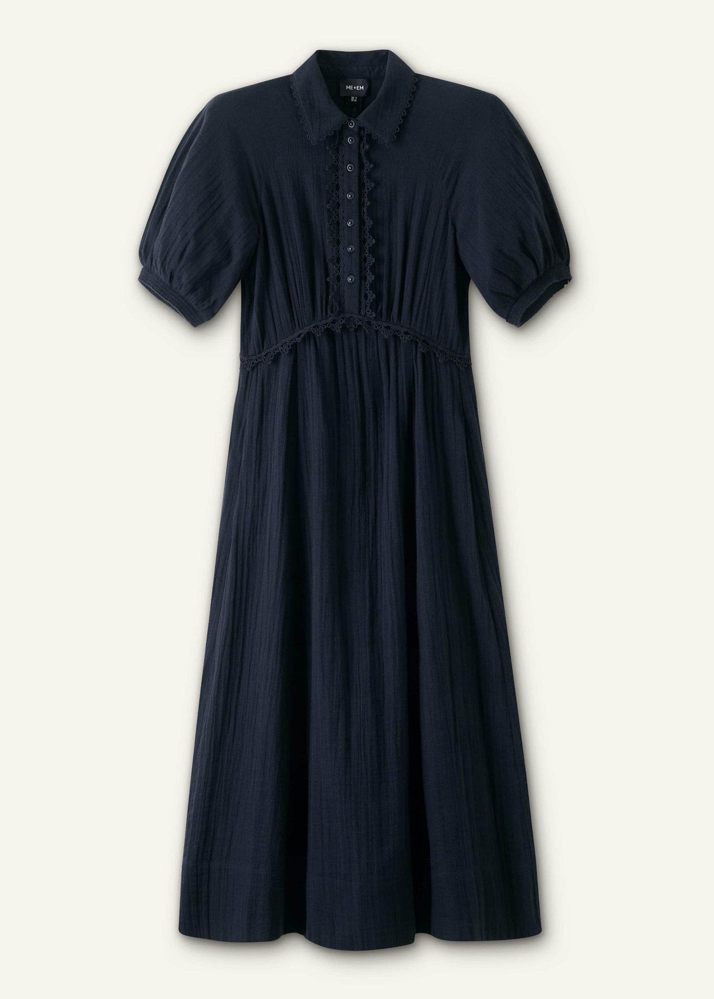 ME and EM Clothing Navy Cheesecloth Intricate Detail Fit + Flare Midi Dress