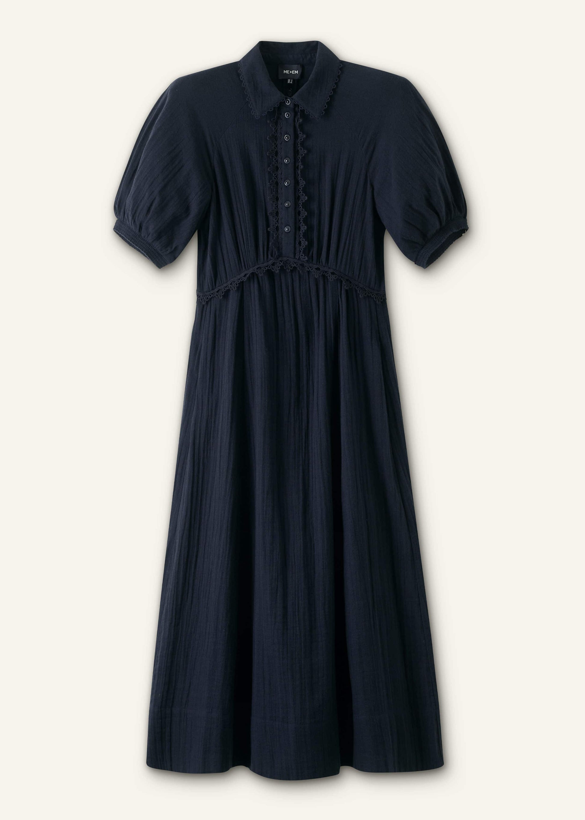 ME and EM Clothing Navy Cheesecloth Intricate Detail Fit + Flare Midi Dress