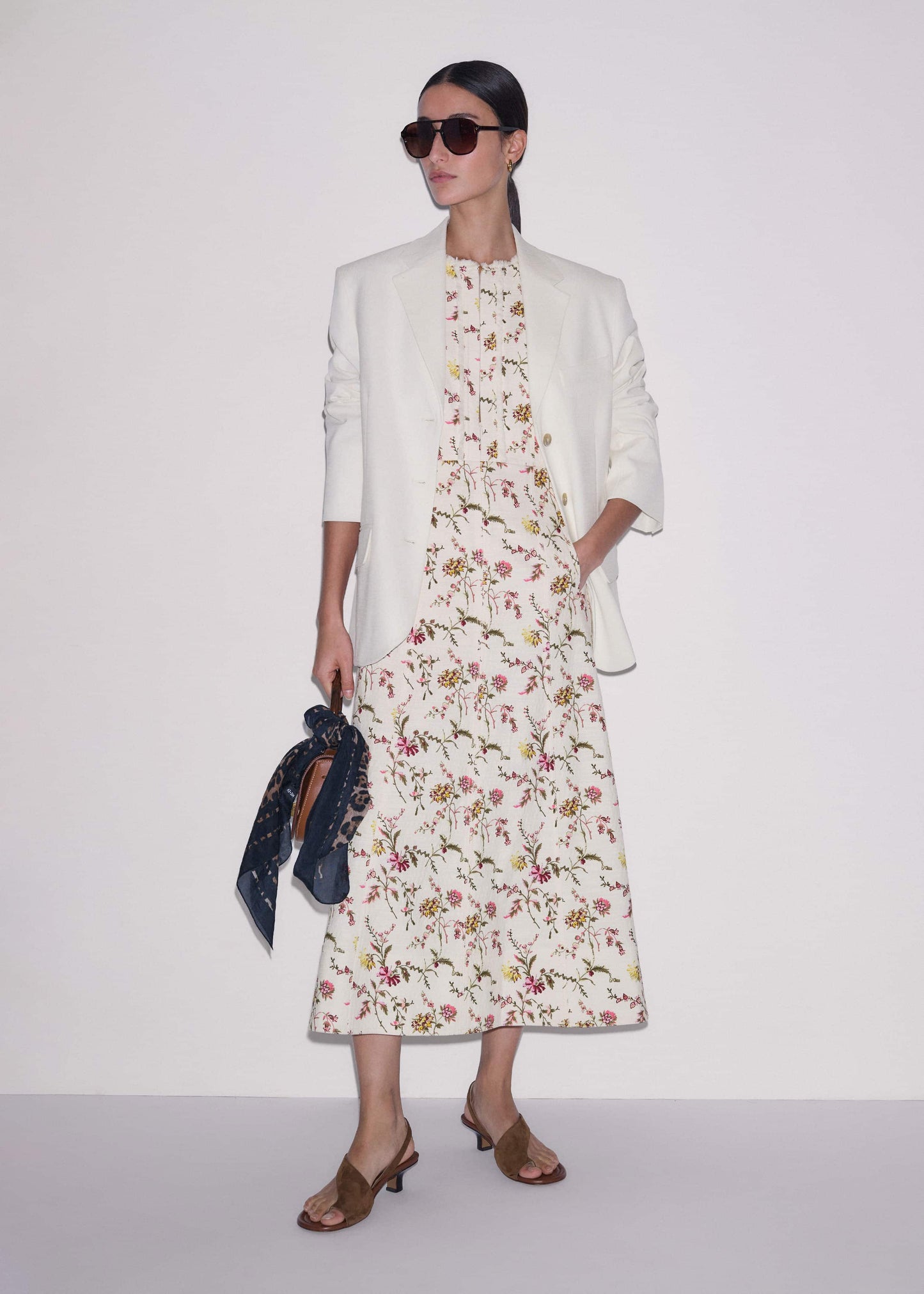 ME and EM Clothing Cream Wild Spring Floral Print Fit + Flare Midi Dress