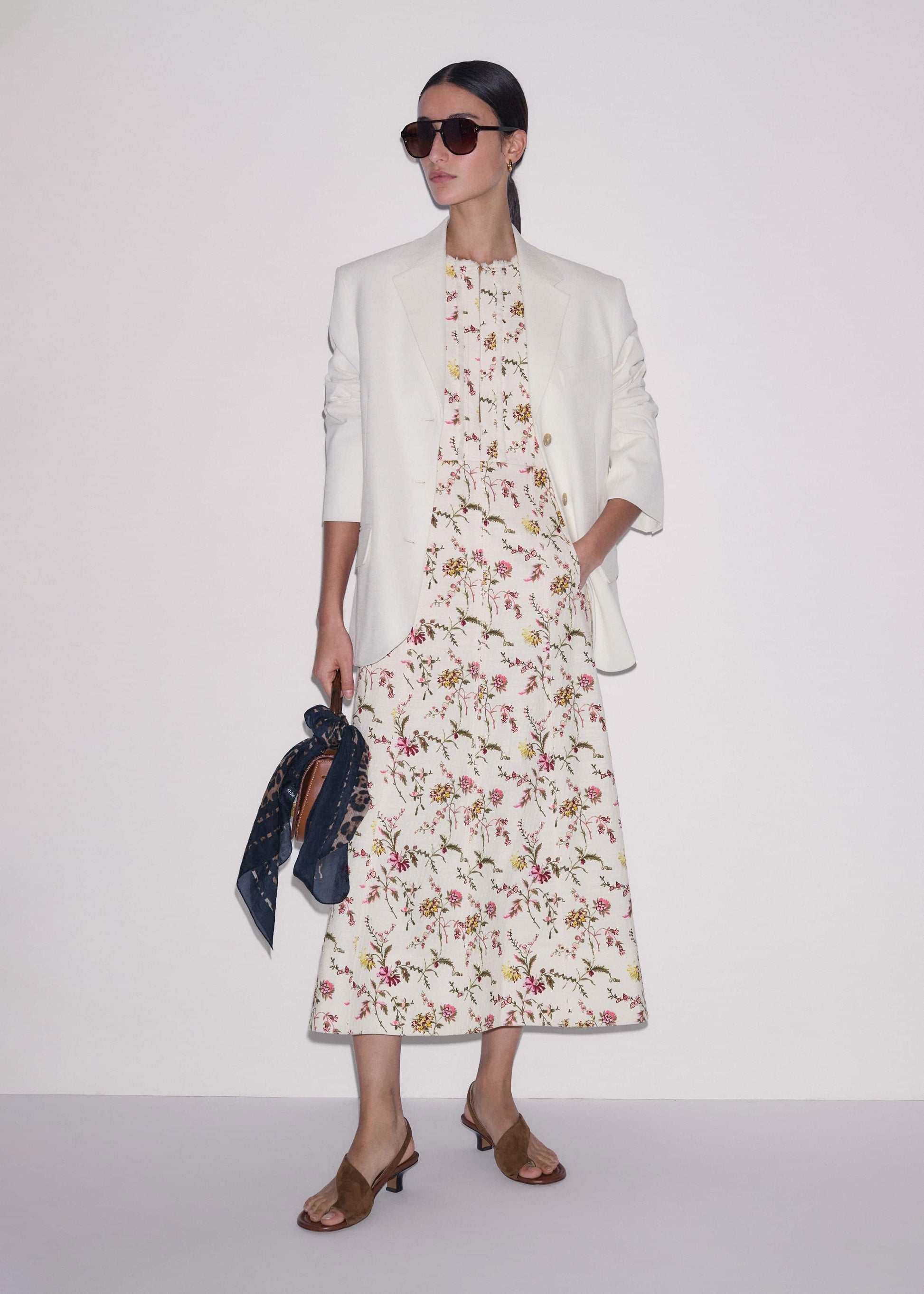 ME and EM Clothing Cream Wild Spring Floral Print Fit + Flare Midi Dress