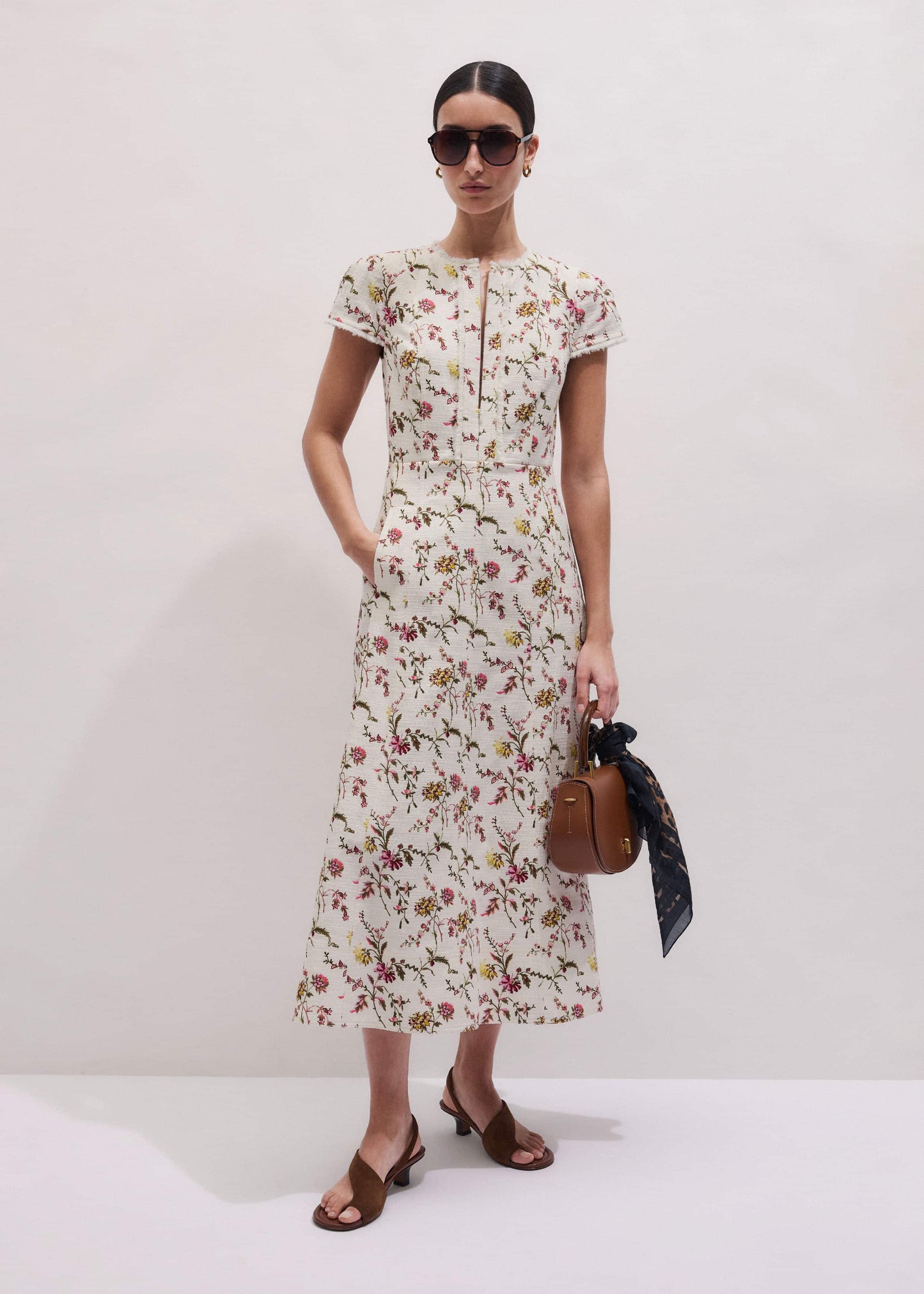 ME and EM Clothing Cream Wild Spring Floral Print Fit + Flare Midi Dress