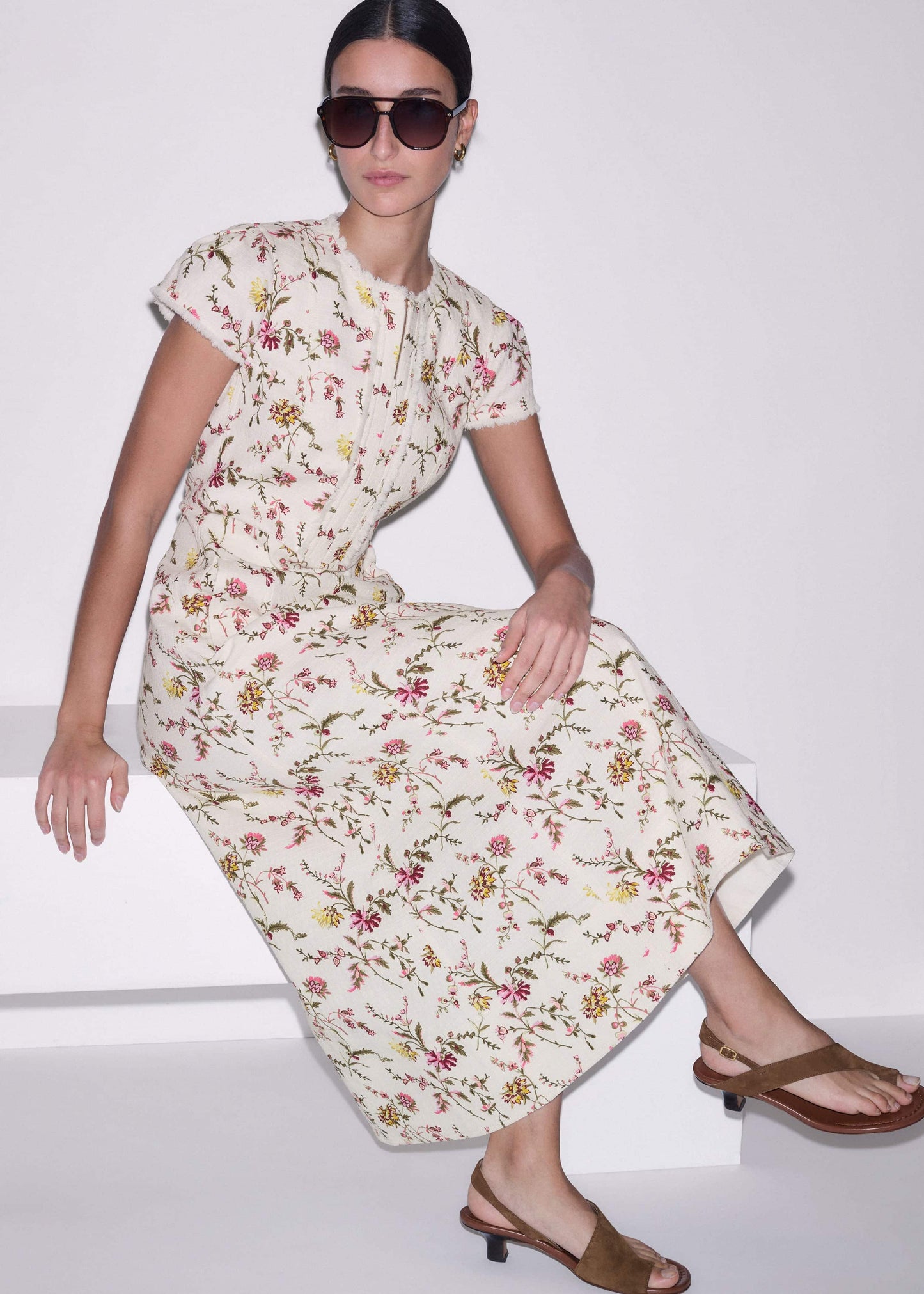 ME and EM Clothing Cream Wild Spring Floral Print Fit + Flare Midi Dress